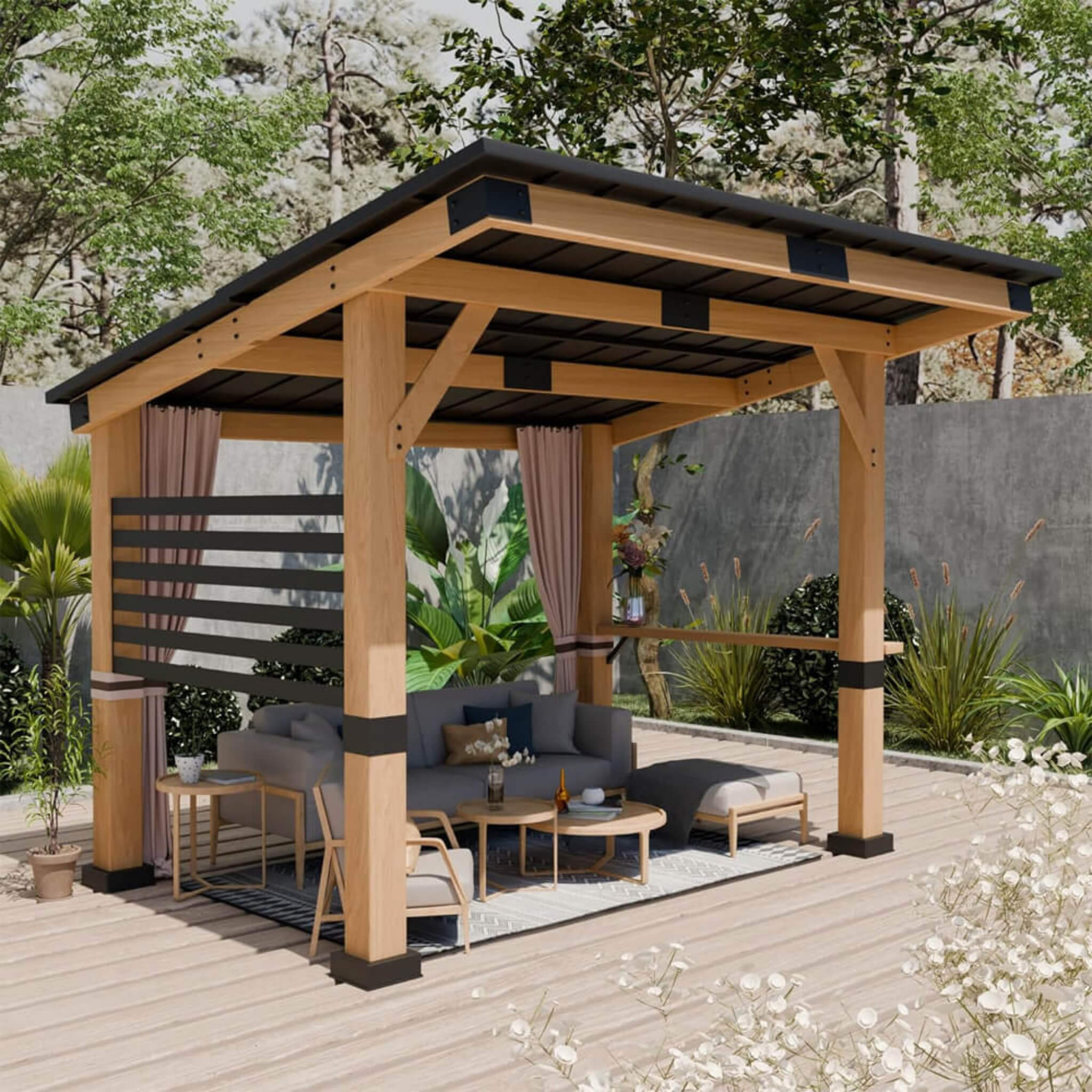 Alora Heavy-Duty Premium Outdoor All-Season Wooden Cedar Hardtop Gazebo With Metal Roof & Back Curtains 10'x12' (SAK57184)