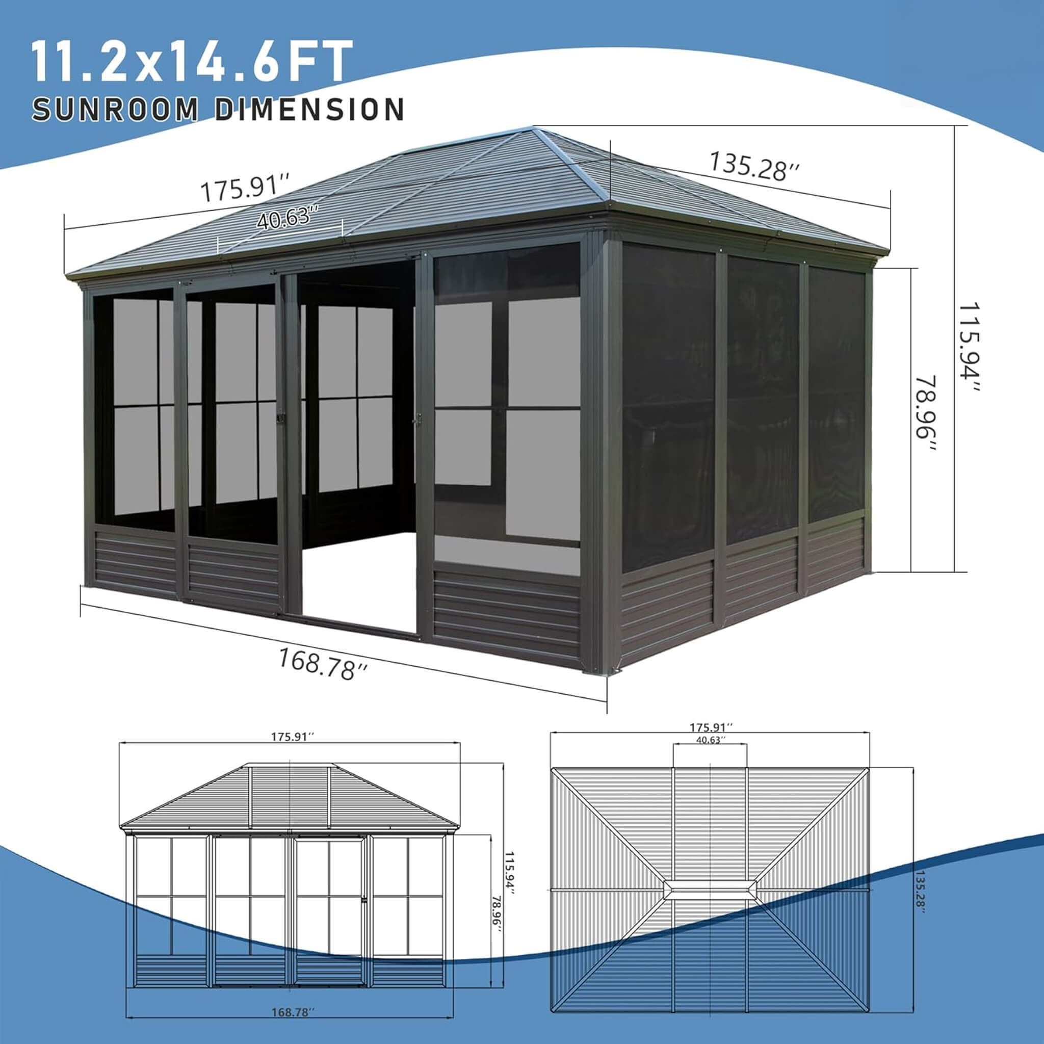Alora Meridian Premium Four Season Outdoor Aluminum Hardtop Gazebo Sunroom With Galvanized Steel Roof, Sliding Doors And Movable PVC Screen Walls 11'x14' (SAK88776)