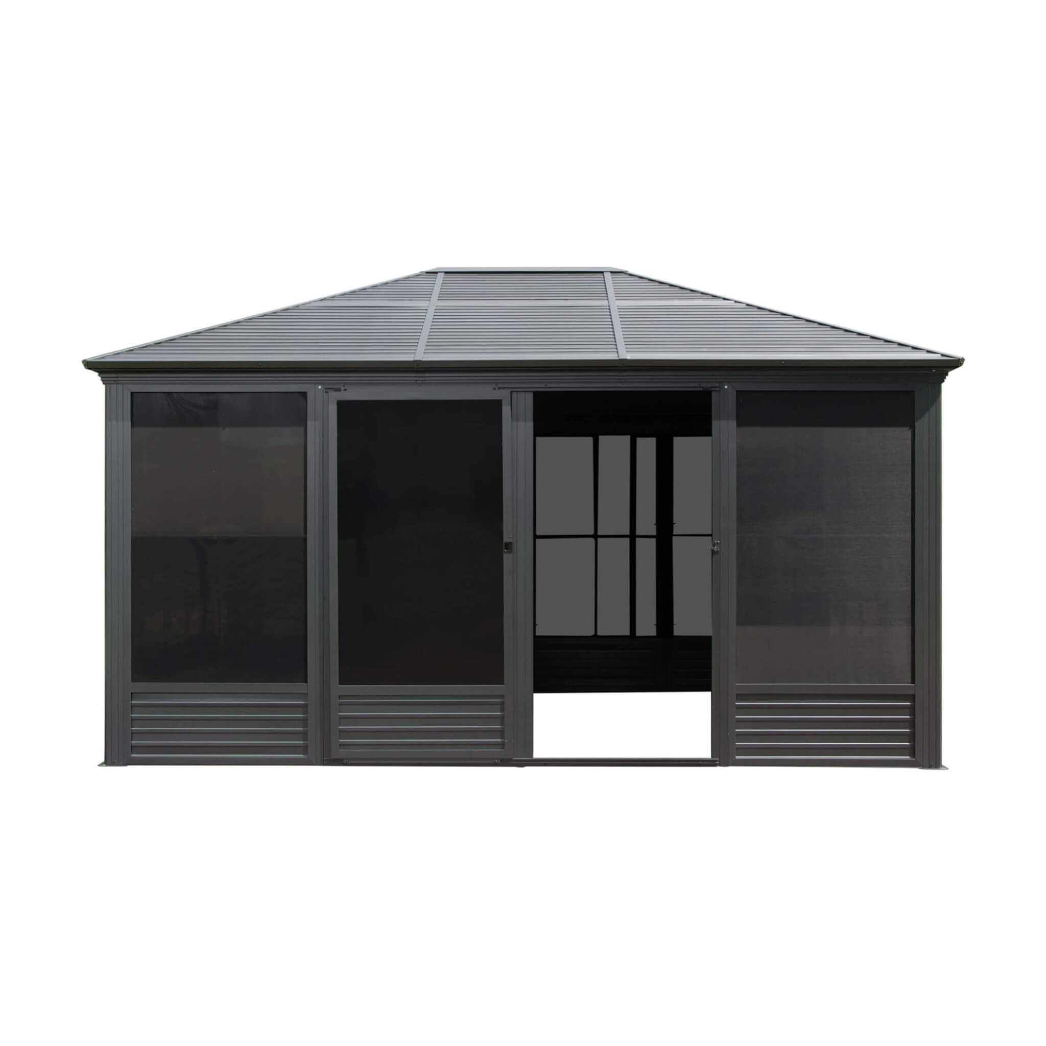 Alora Meridian Premium Four Season Outdoor Aluminum Hardtop Gazebo Sunroom With Galvanized Steel Roof, Sliding Doors And Movable PVC Screen Walls 11'x14' (SAK88776)