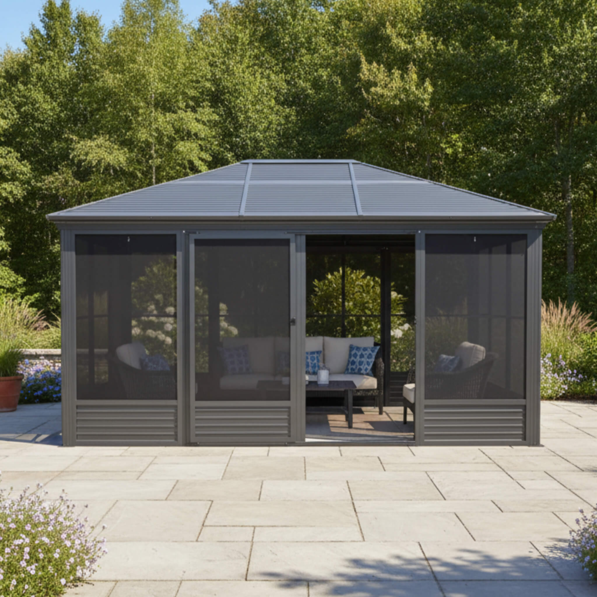 Alora Meridian Premium Four Season Outdoor Aluminum Hardtop Gazebo Sunroom With Galvanized Steel Roof, Sliding Doors And Movable PVC Screen Walls 11'x14' (SAK88776)