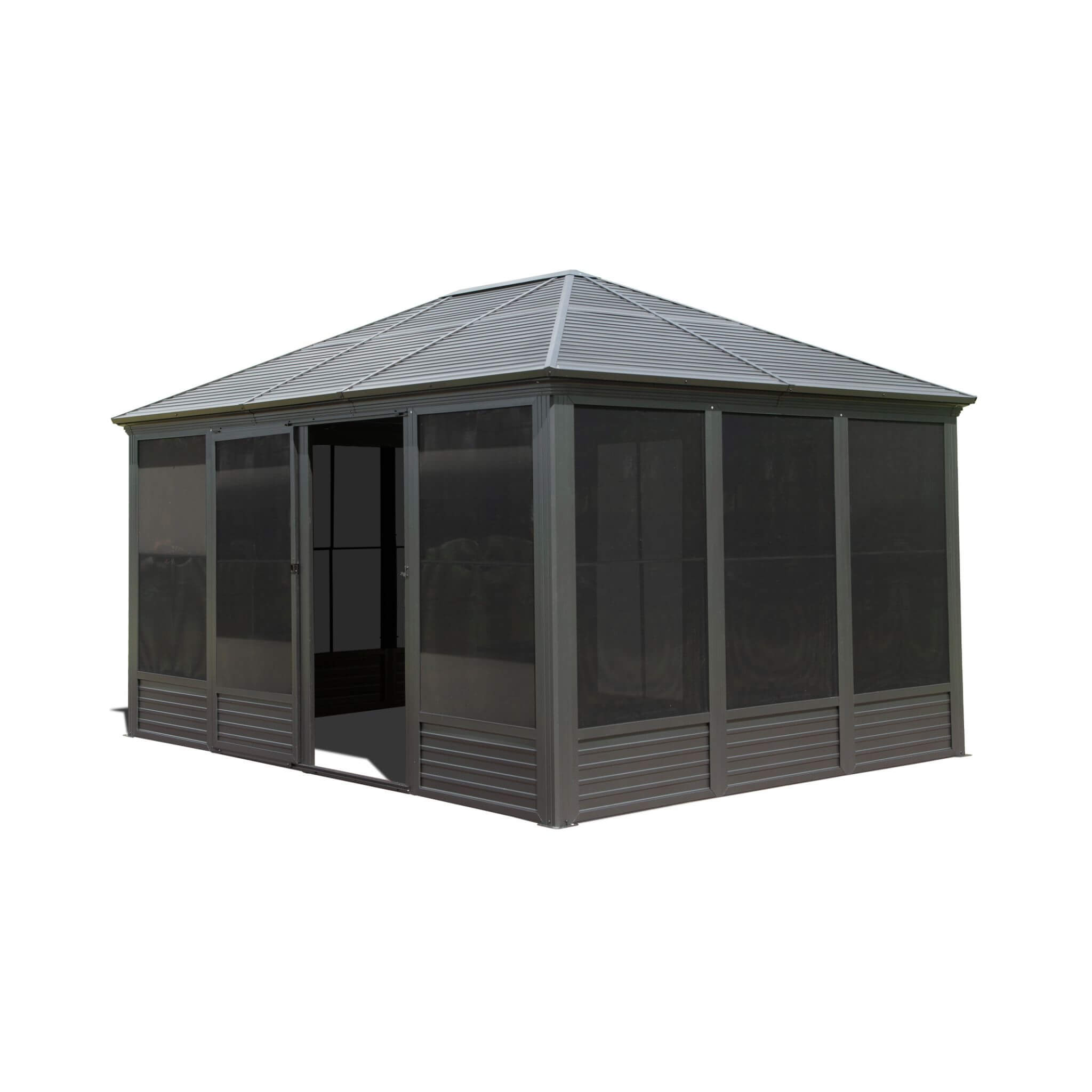 Alora Meridian Premium Four Season Outdoor Aluminum Hardtop Gazebo Sunroom With Galvanized Steel Roof, Sliding Doors And Movable PVC Screen Walls 11'x14' (SAK88776)