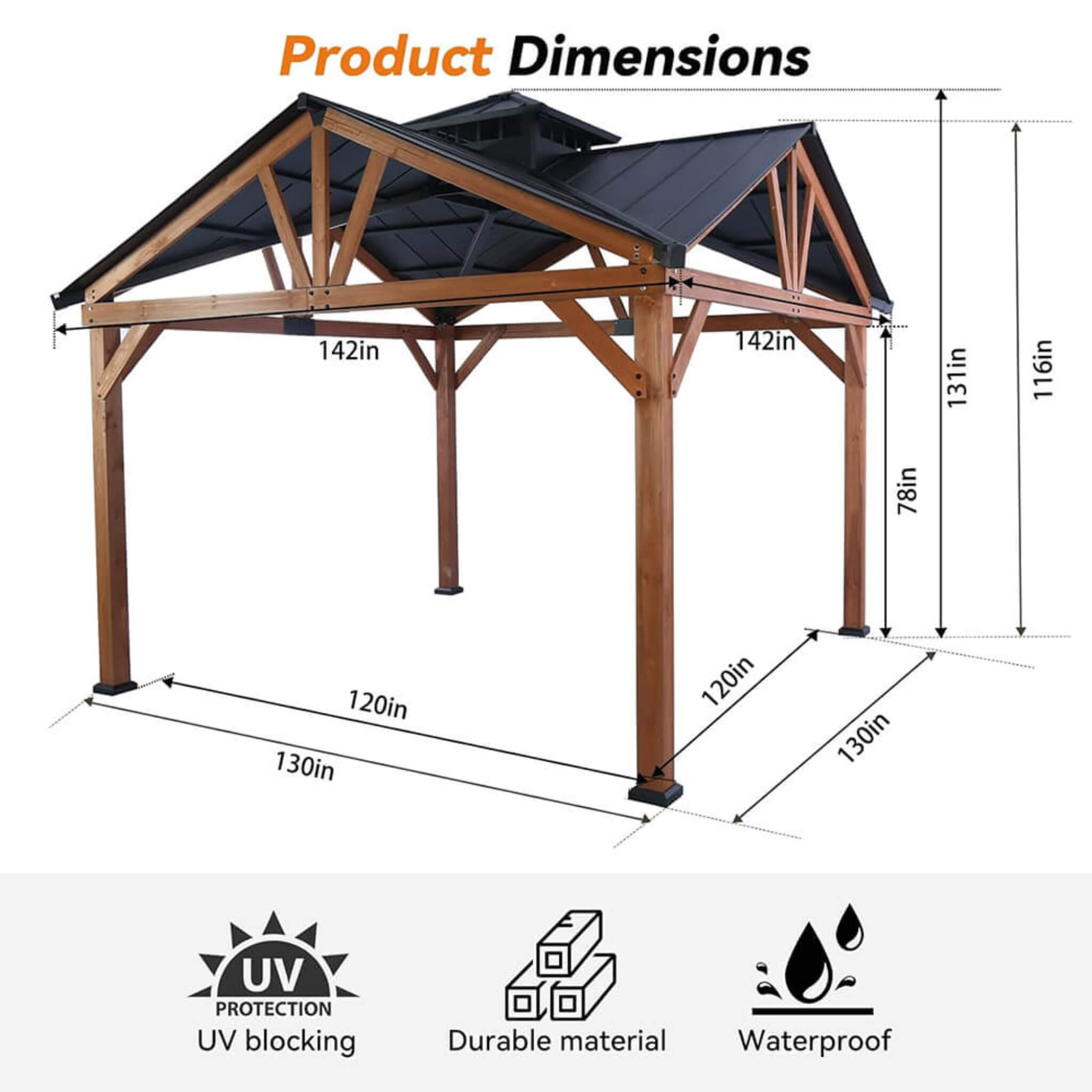 Alora Premium Outdoor Cedar Wood Hardtop Gazebo With Galvanized Steel Roof 12'x12' (SAK31864)