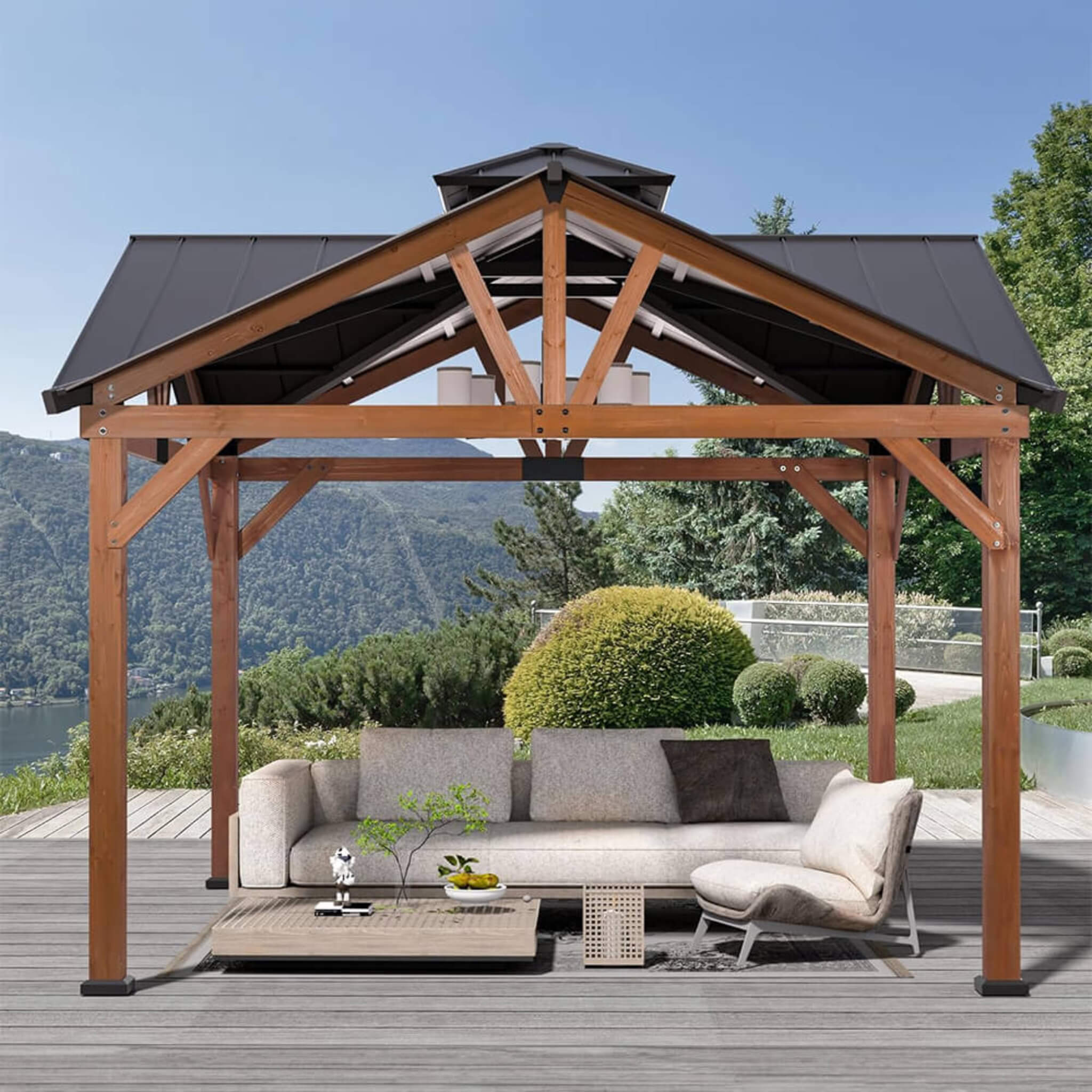 Alora Premium Outdoor Cedar Wood Hardtop Gazebo With Galvanized Steel Roof 12'x12' (SAK31864)