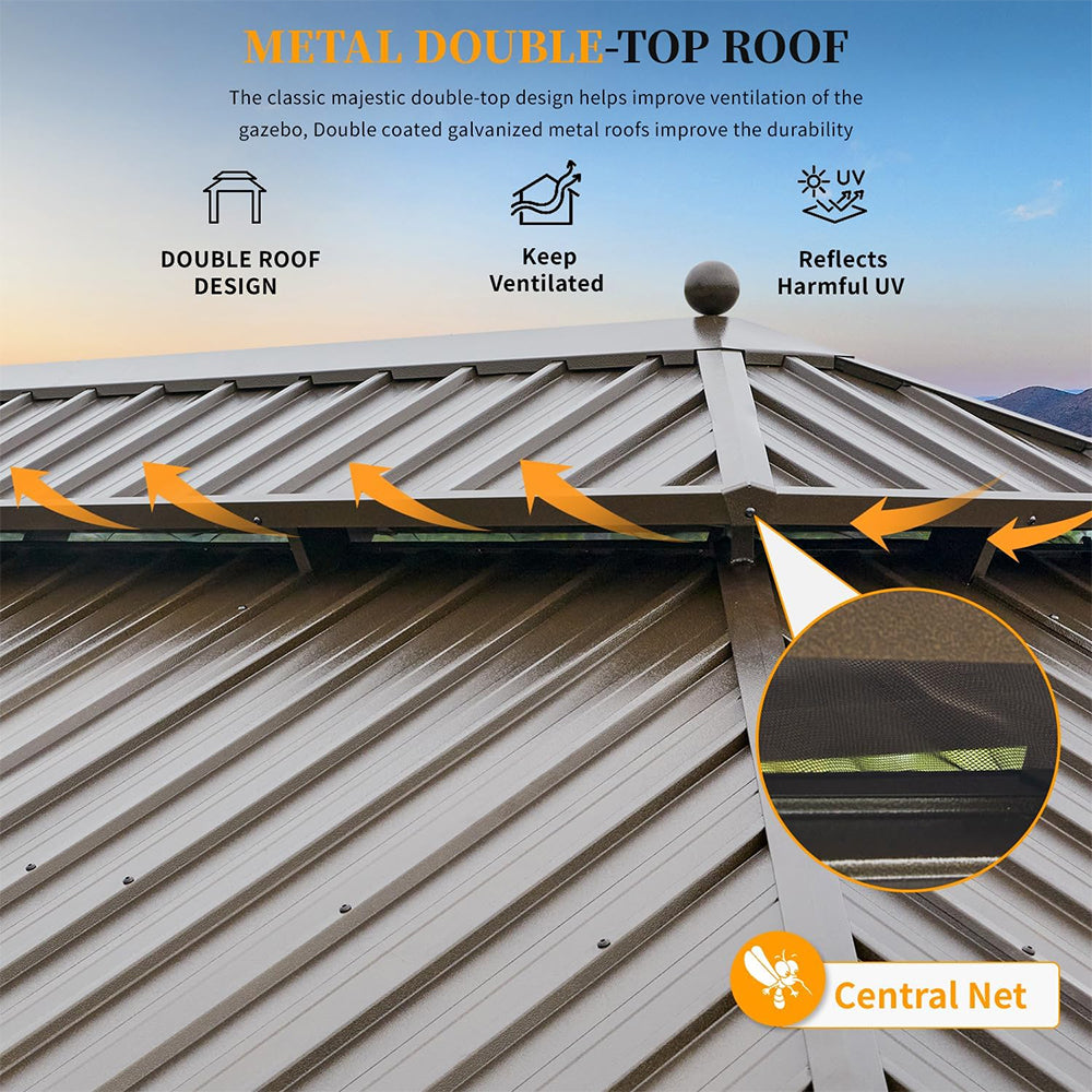 Alora Heavy-Duty Aluminum Galvanized Steel Double Roof Hardtop Gazebo With Netting And Curtains 14'x24' (SAK41853)