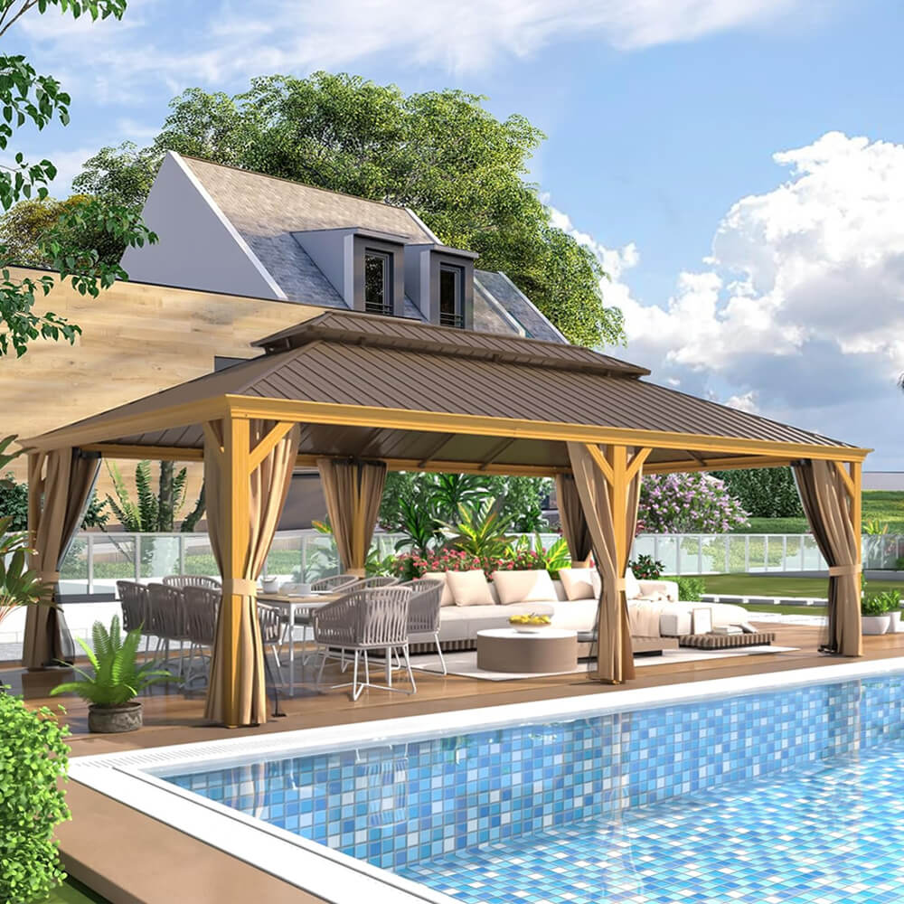 Alora Heavy-Duty Aluminum Galvanized Steel Double Roof Hardtop Gazebo With Netting And Curtains 14'x24' (SAK41853)