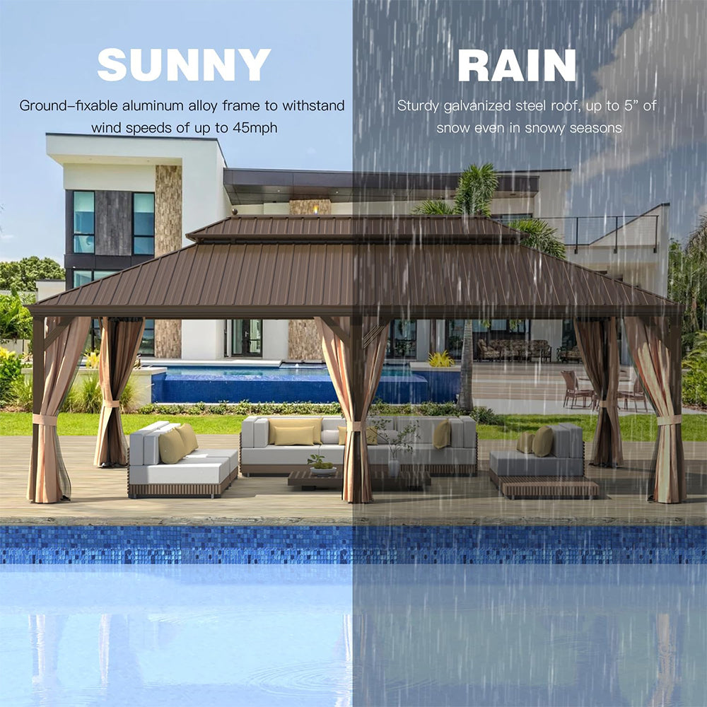 Alora Heavy-Duty Aluminum Galvanized Steel Double Roof Hardtop Gazebo With Netting And Curtains 14'x24' (SAK41853)