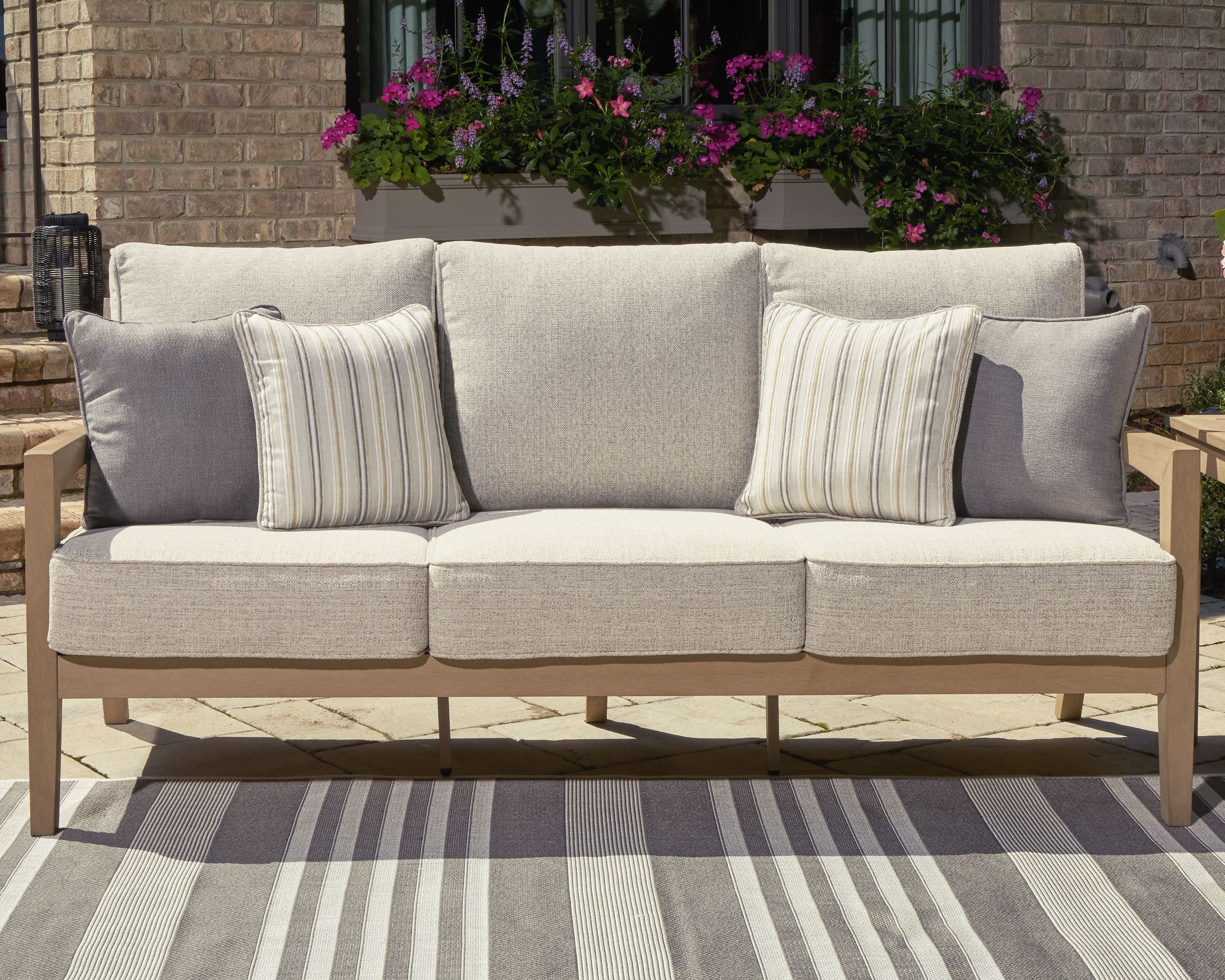 Hallow Creek Outdoor Sofa with Cushion – Driftwood Weatherwood Frame & Nuvella+™ Fabric