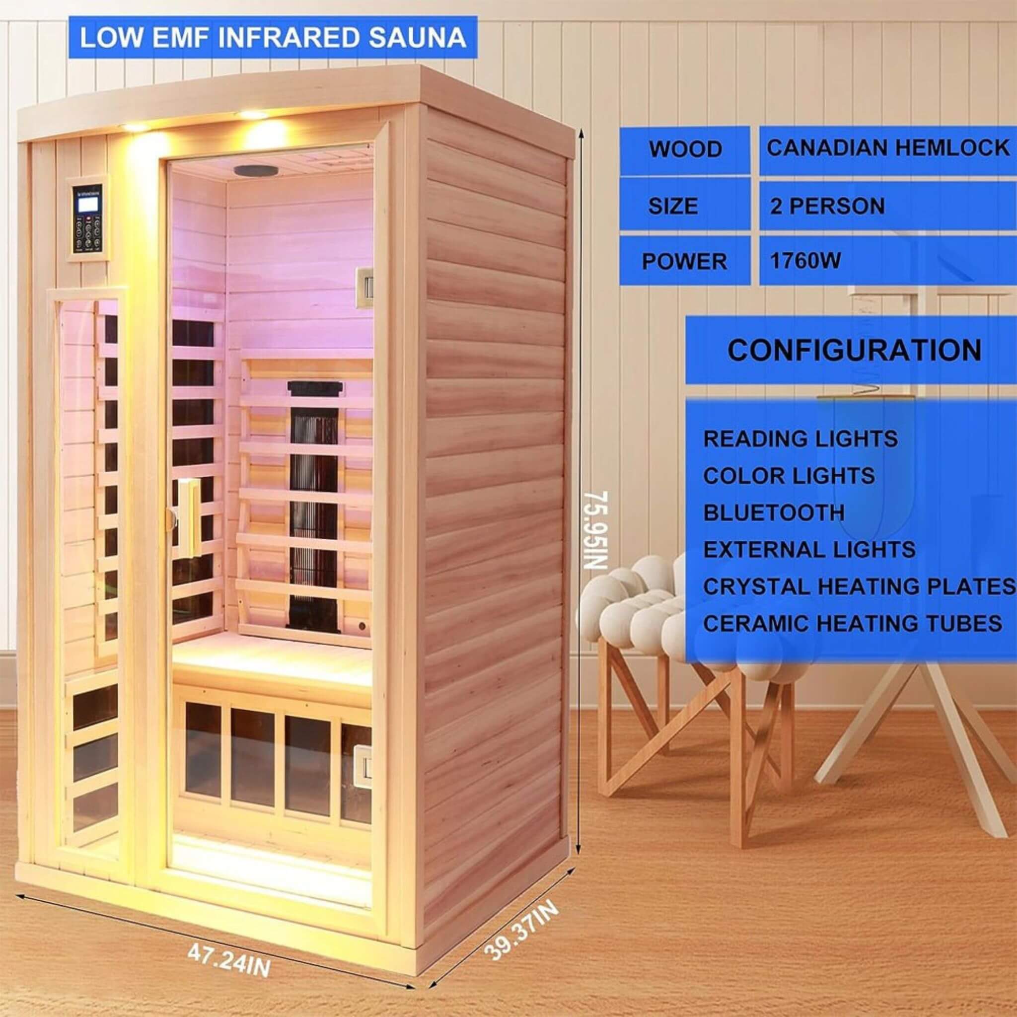Thermora Orien 2-Person Low EMF FAR-Infrared Sauna | Canadian Hemlock | 1760W (SAK25714)