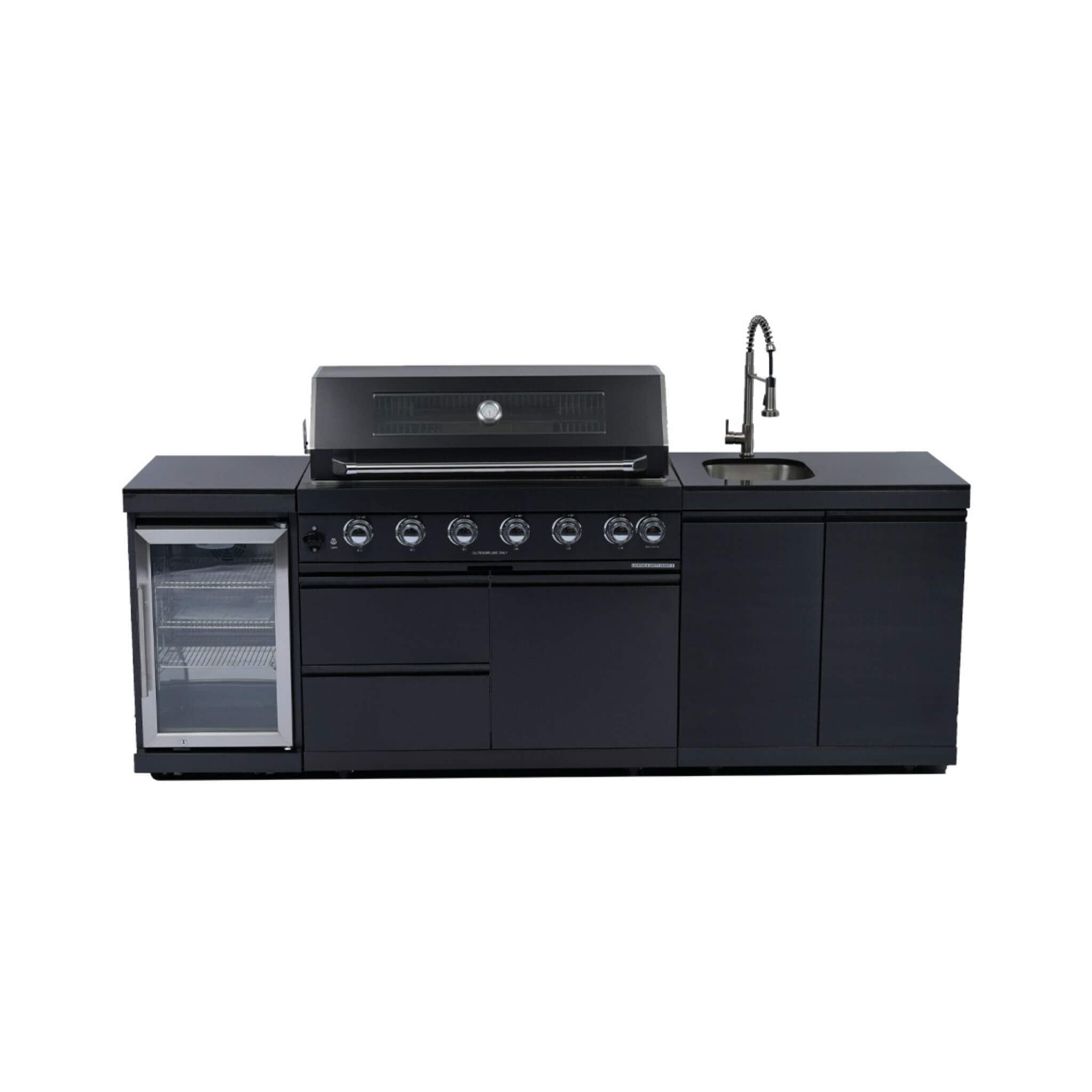 Castelle Flame Belmont 43-Inch 6-Burner 85K BTU Stainless Steel Outdoor BBQ Kitchen Grill Island With Wine Cooler, Rotisserie, And Sink (SAK19476)