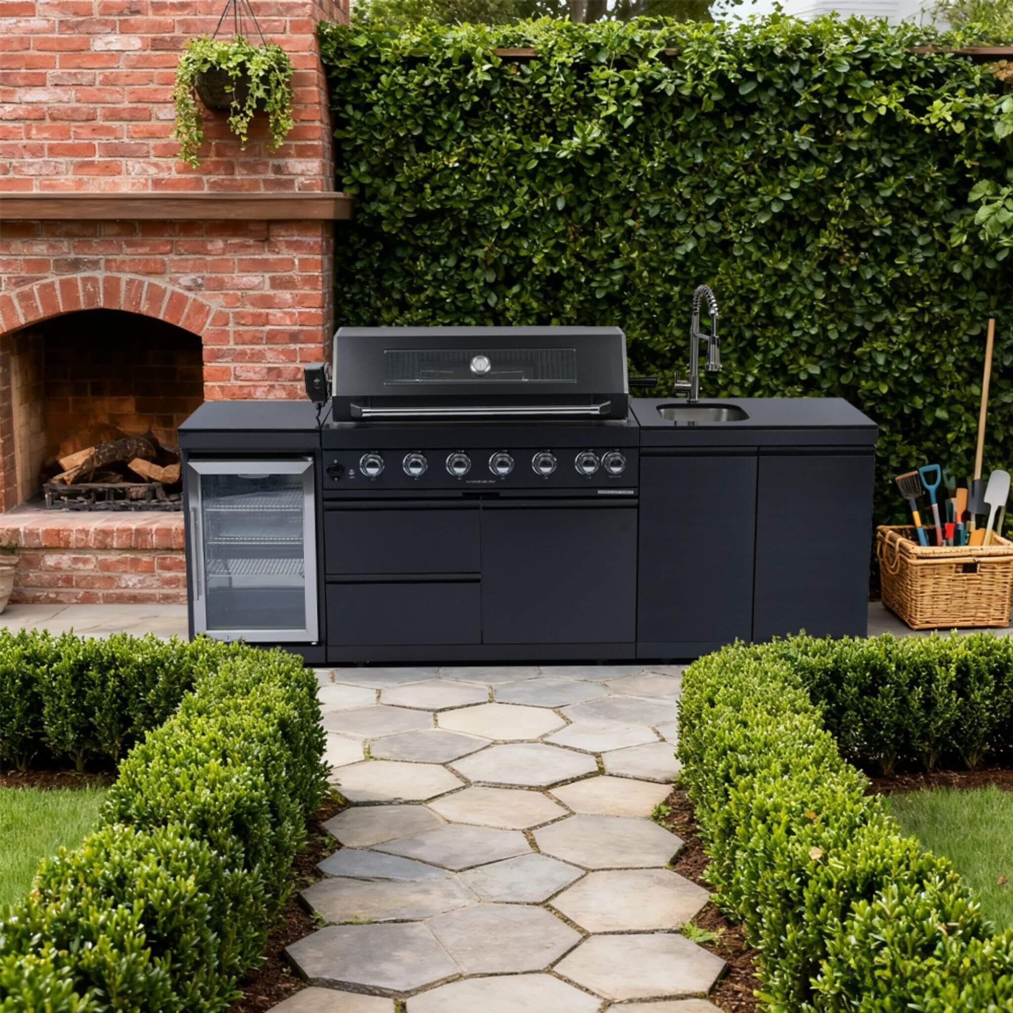 Castelle Flame Belmont 43-Inch 6-Burner 85K BTU Stainless Steel Outdoor BBQ Kitchen Grill Island With Wine Cooler, Rotisserie, And Sink (SAK19476)