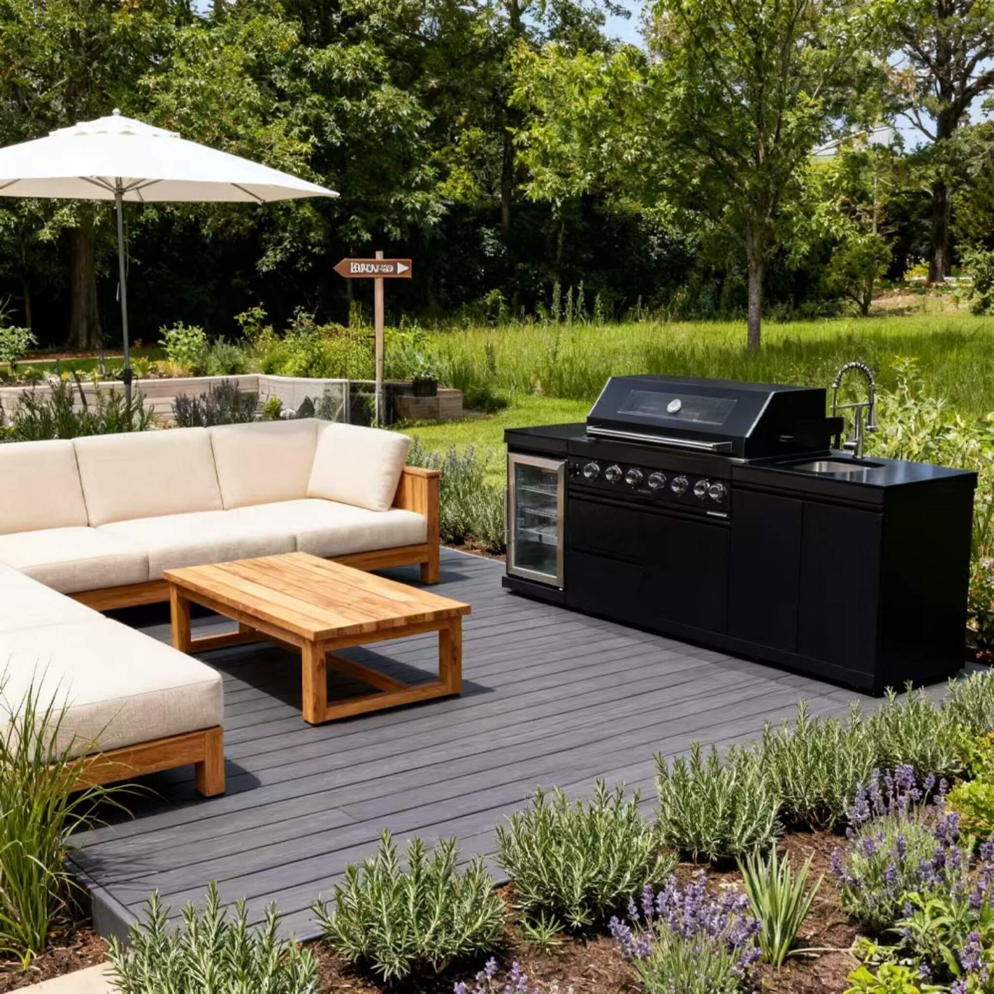 Castelle Flame Belmont 43-Inch 6-Burner 85K BTU Stainless Steel Outdoor BBQ Kitchen Grill Island With Wine Cooler, Rotisserie, And Sink (SAK19476)