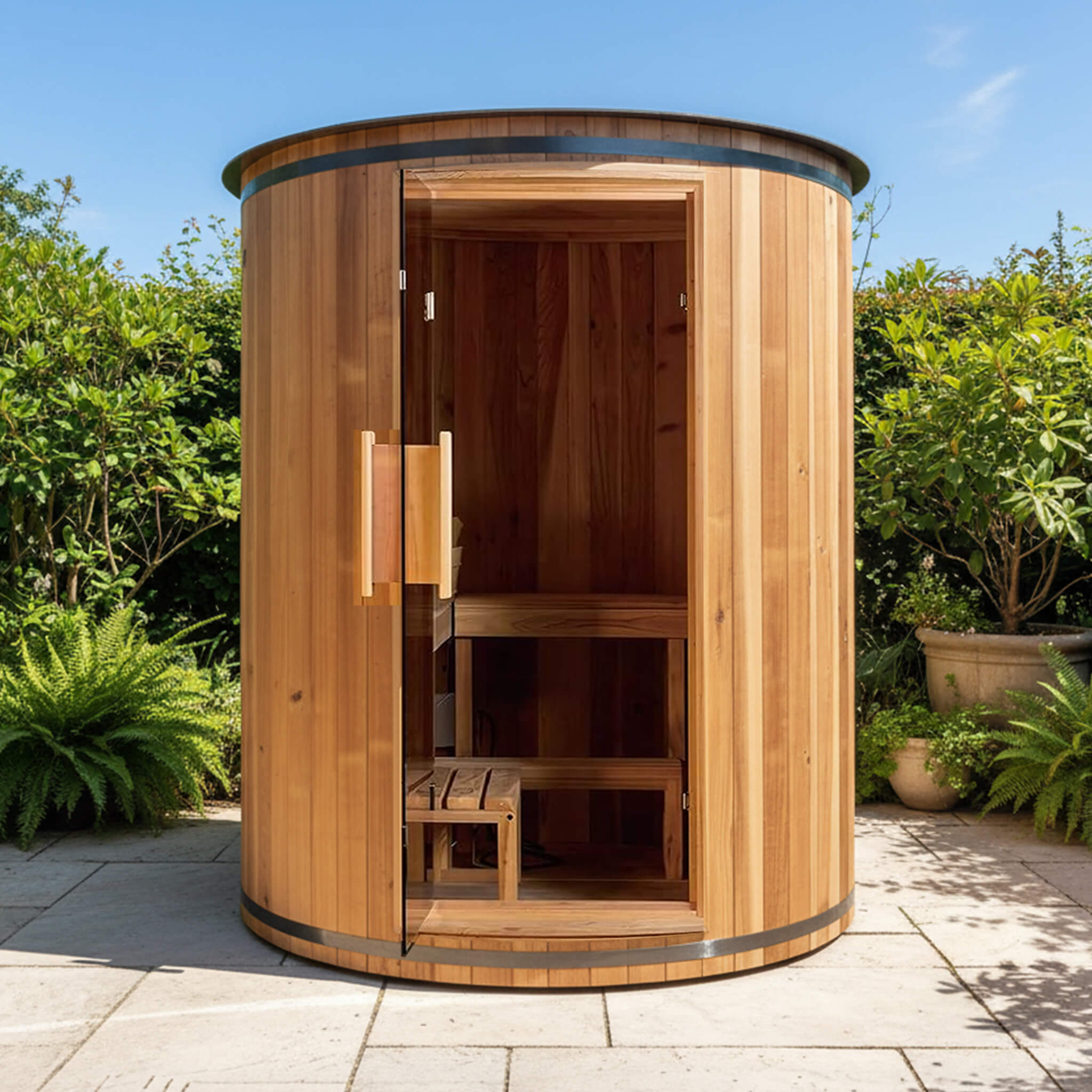 Thermora Barcelona Premium 78-Inch 4-Person Cedar Wood Outdoor Vertical Barrel Sauna With 6KW Heater, LED Lights And Stones (SAK74813)