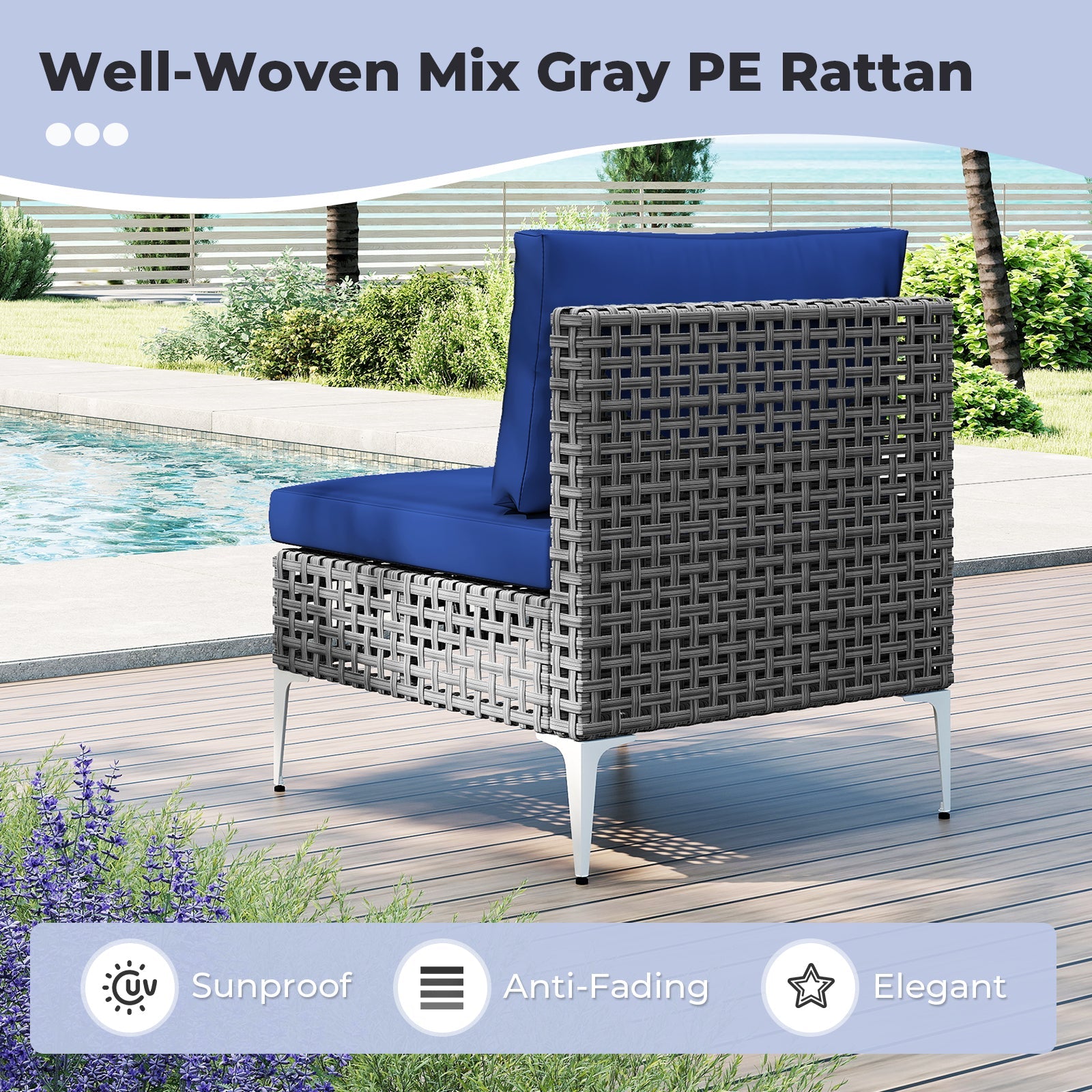 7 Piece Outdoor Furniture Set Wicker Chairs with Tempered Glass Coffee Table-Navy