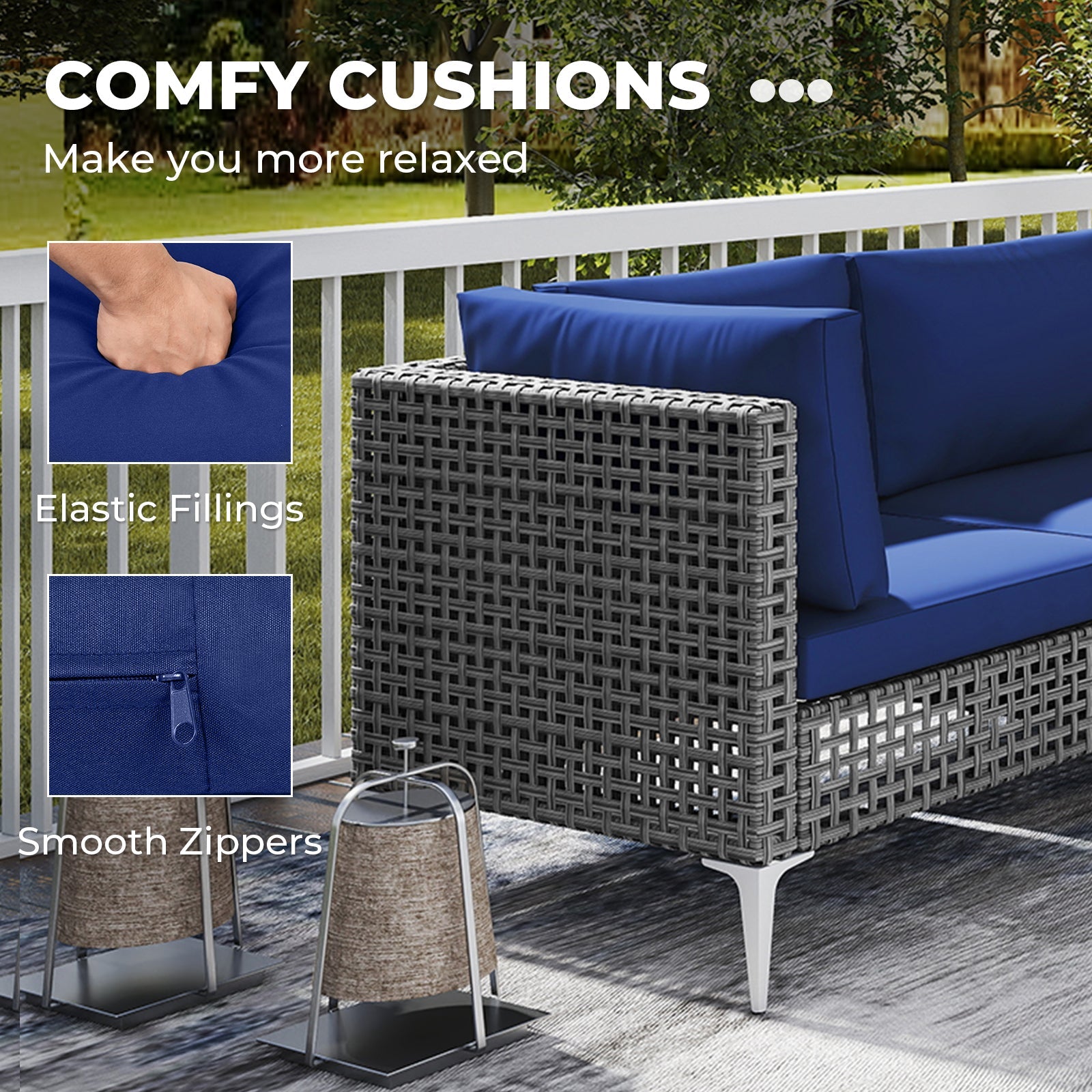 7 Piece Outdoor Furniture Set Wicker Chairs with Tempered Glass Coffee Table-Navy