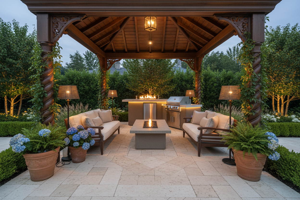 KoKoMo Outdoor Kitchen Island with Fire Feature – 7'6"x9'