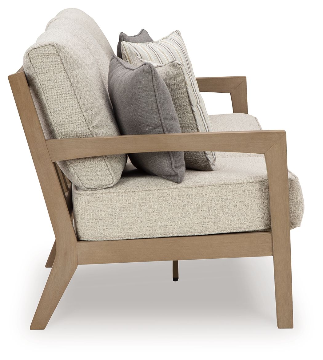 Hallow Creek Outdoor Sofa with Cushion – Driftwood Weatherwood Frame & Nuvella+™ Fabric