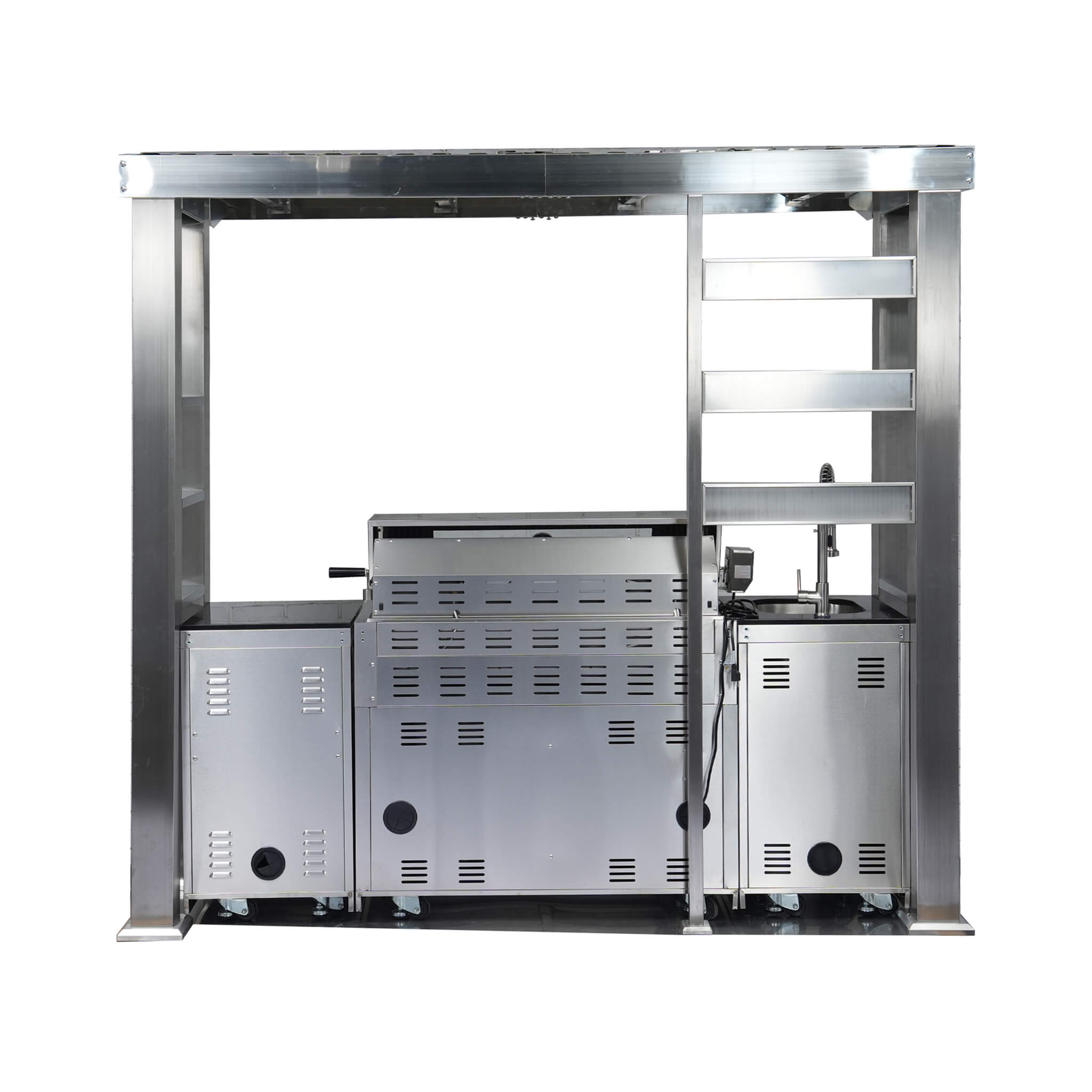 Castelle Flame Astoria 94-Inch 6-Burner 85K BTU Outdoor Kitchen Liquid Propane Grill Island With Wine Cooler, Rotisserie, Cabinets, And Granite Countertops (SAK68014)