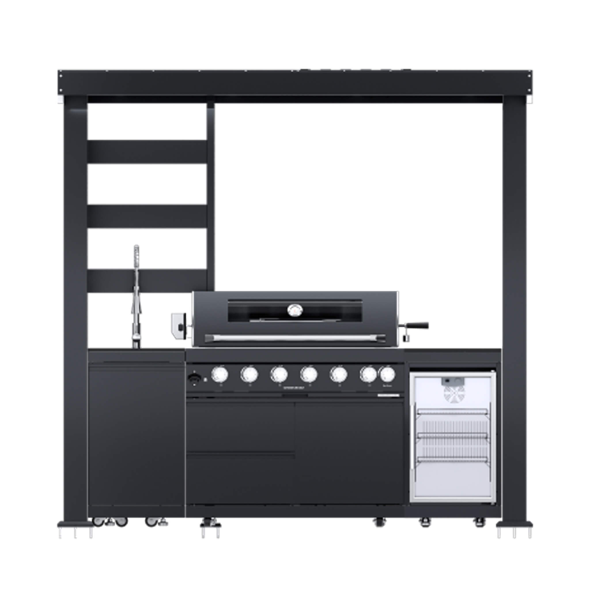 Castelle Flame Astoria 94-Inch 6-Burner 85K BTU Outdoor Kitchen Liquid Propane Grill Island With Wine Cooler, Rotisserie, Cabinets, And Granite Countertops (SAK68014)