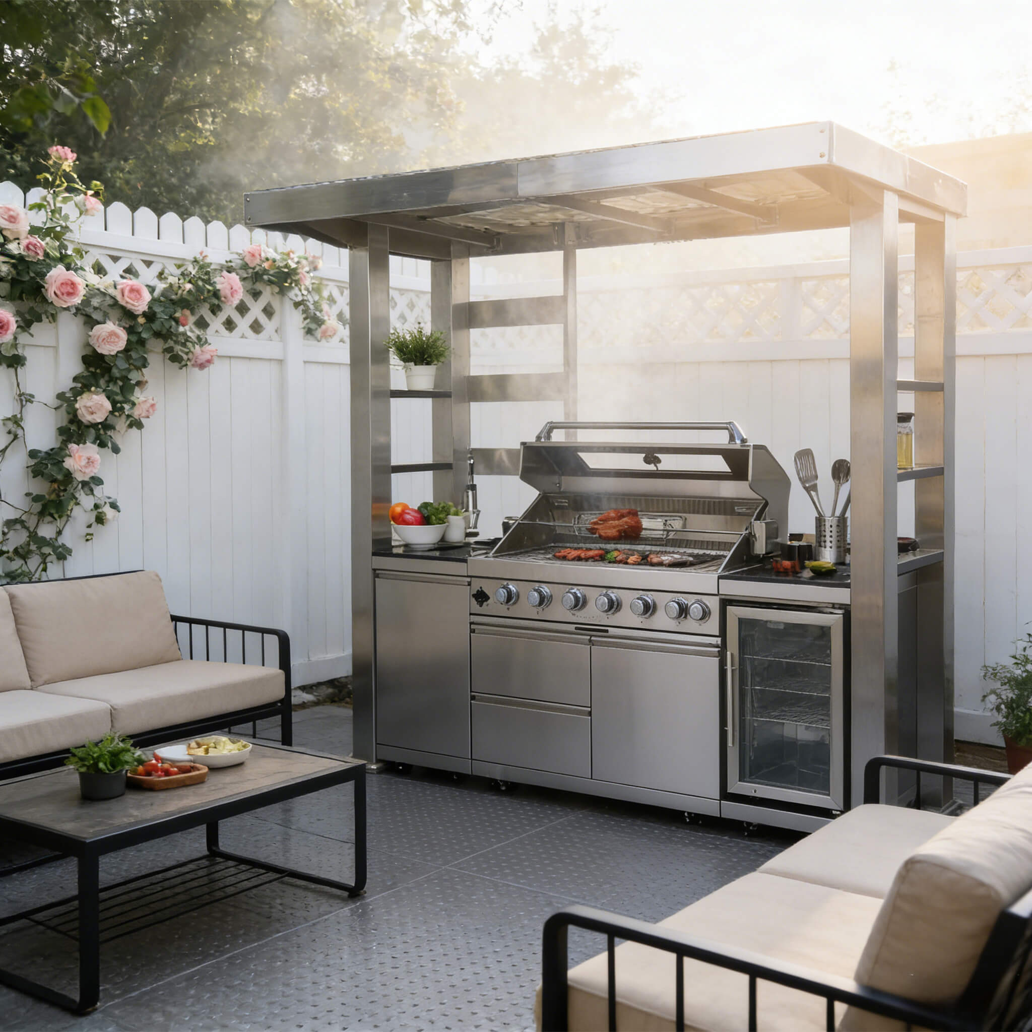 Castelle Flame Astoria 94-Inch 6-Burner 85K BTU Outdoor Kitchen Liquid Propane Grill Island With Wine Cooler, Rotisserie, Cabinets, And Granite Countertops (SAK68014)