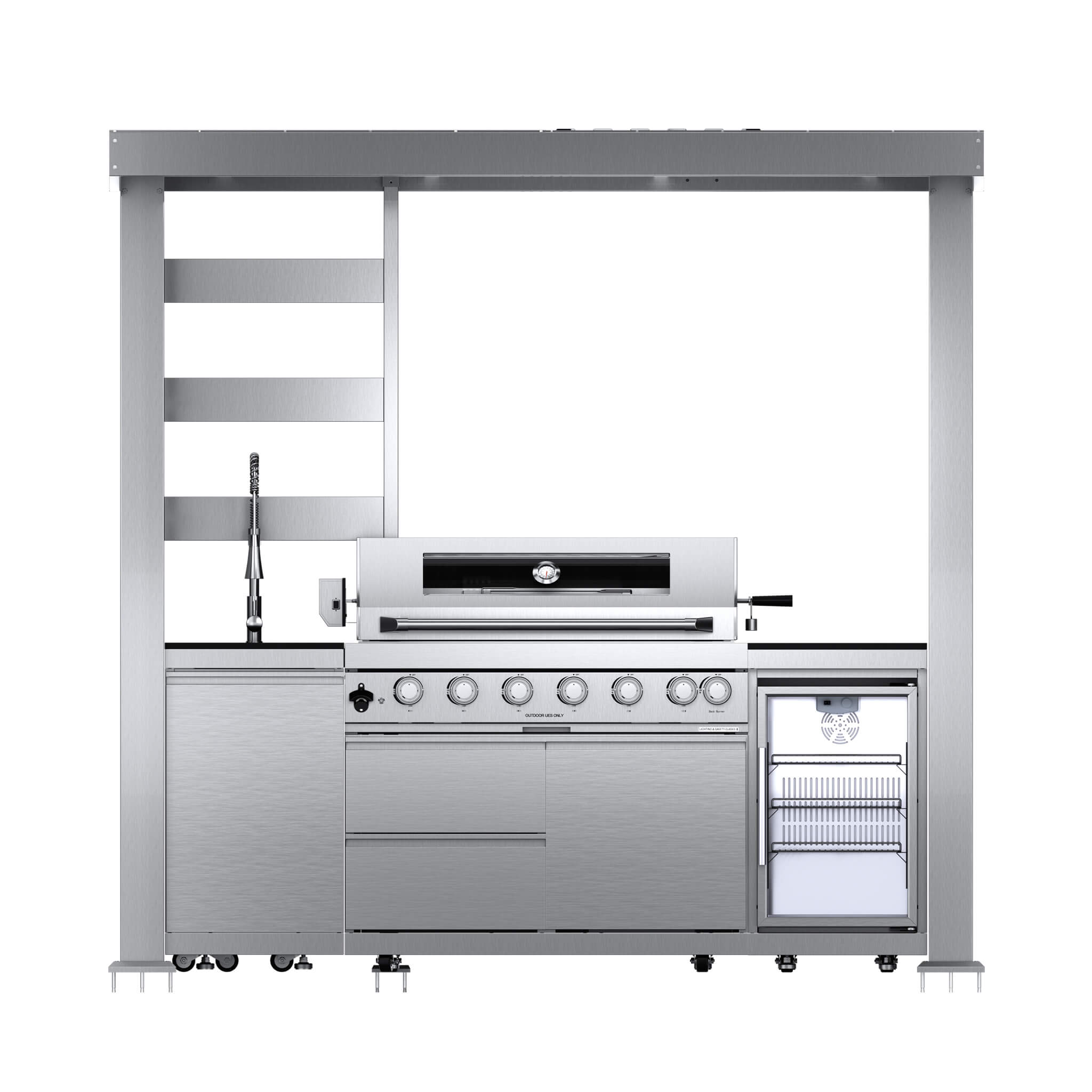 Castelle Flame Astoria 94-Inch 6-Burner 85K BTU Outdoor Kitchen Liquid Propane Grill Island With Wine Cooler, Rotisserie, Cabinets, And Granite Countertops (SAK68014)