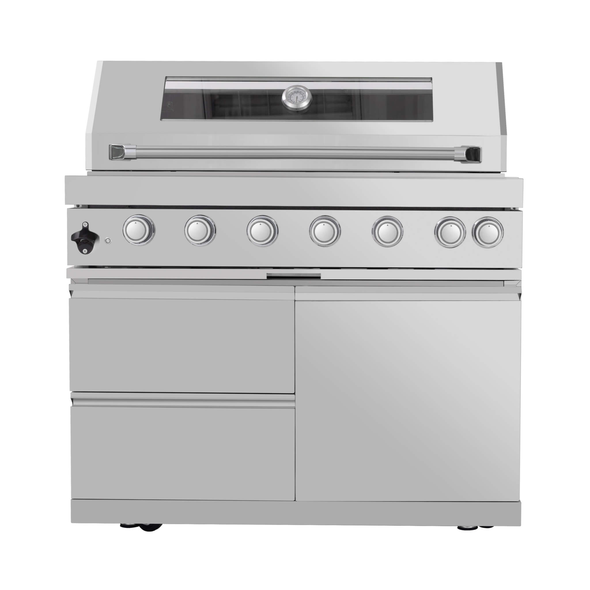 Castelle Flame Astoria 94-Inch 6-Burner 85K BTU Outdoor Kitchen Liquid Propane Grill Island With Wine Cooler, Rotisserie, Cabinets, And Granite Countertops (SAK68014)