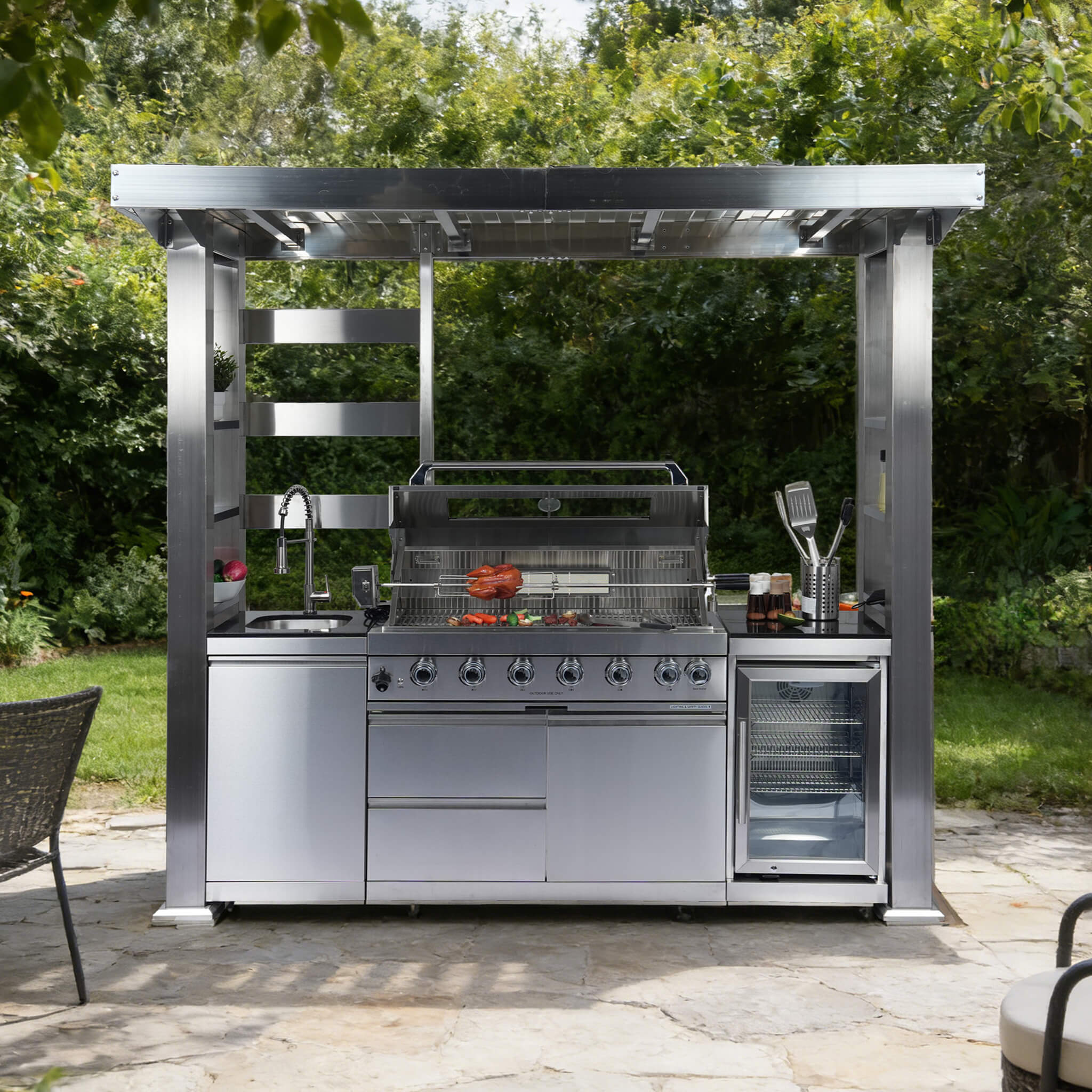 Castelle Flame Astoria 94-Inch 6-Burner 85K BTU Outdoor Kitchen Liquid Propane Grill Island With Wine Cooler, Rotisserie, Cabinets, And Granite Countertops (SAK68014)