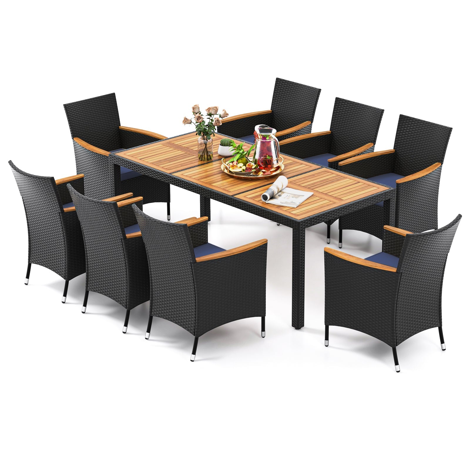 9-Piece Outdoor Dining Set with Acacia Wood Tabletop & PE Rattan