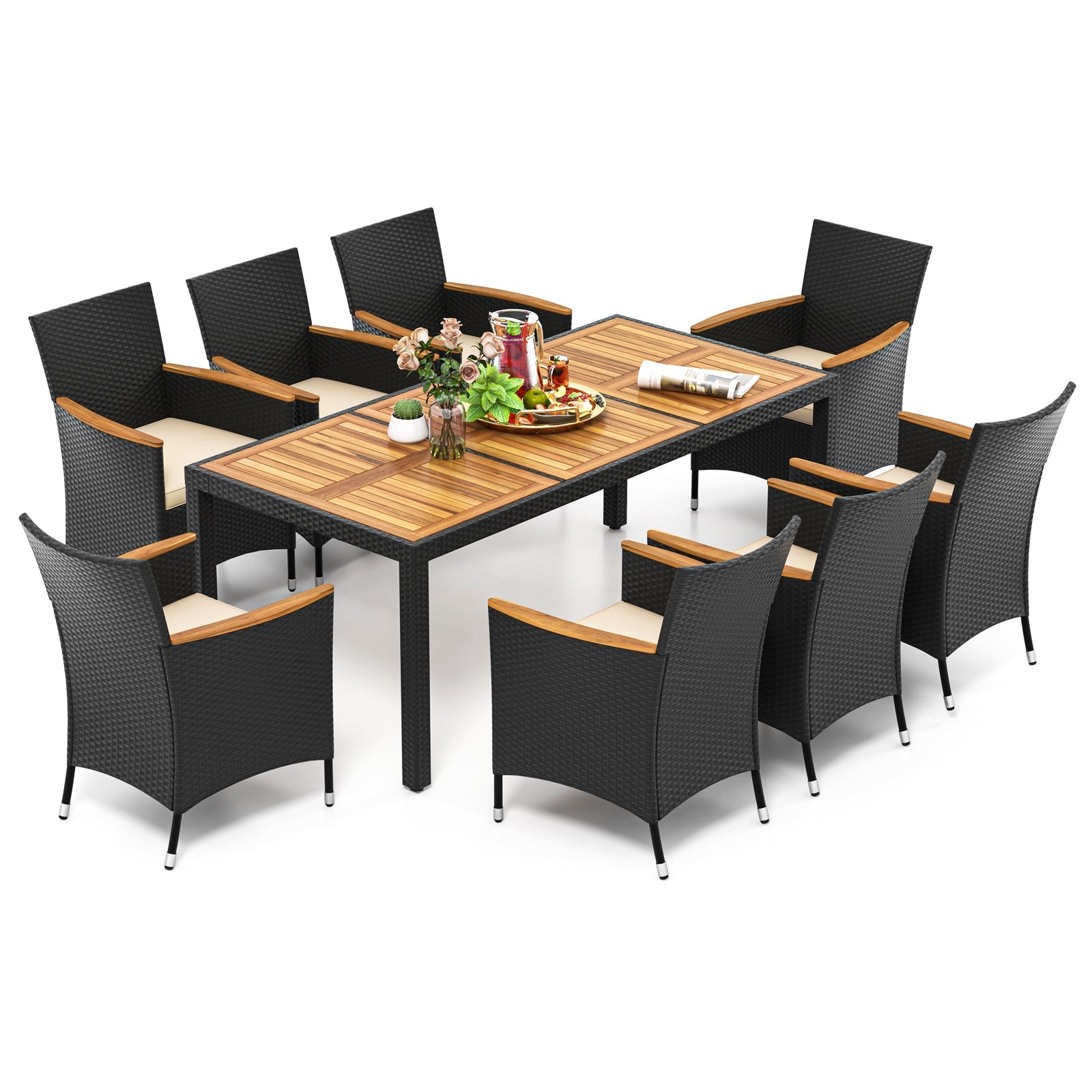 9-Piece Outdoor Dining Set with Acacia Wood Tabletop & PE Rattan