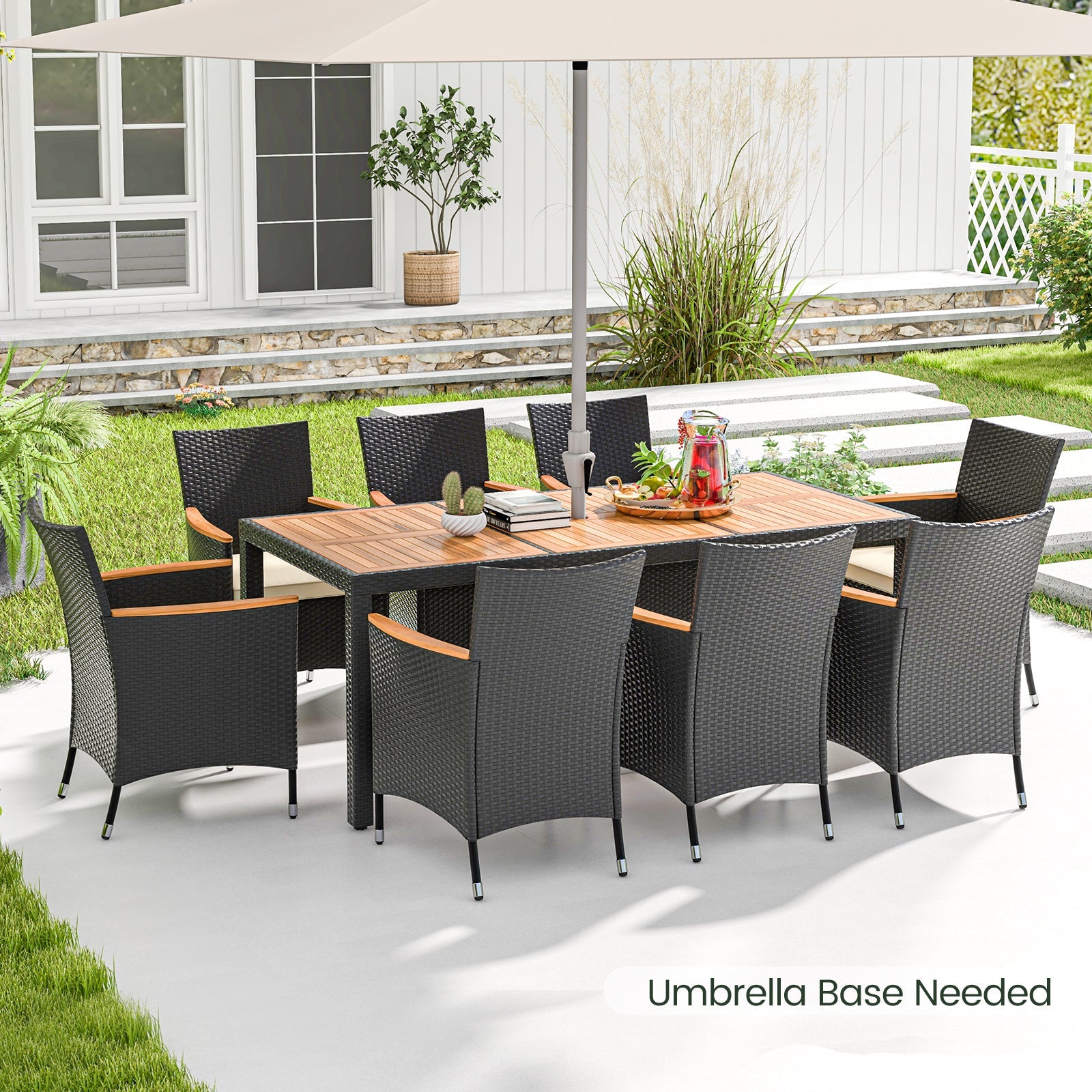9-Piece Outdoor Dining Set with Acacia Wood Tabletop & PE Rattan