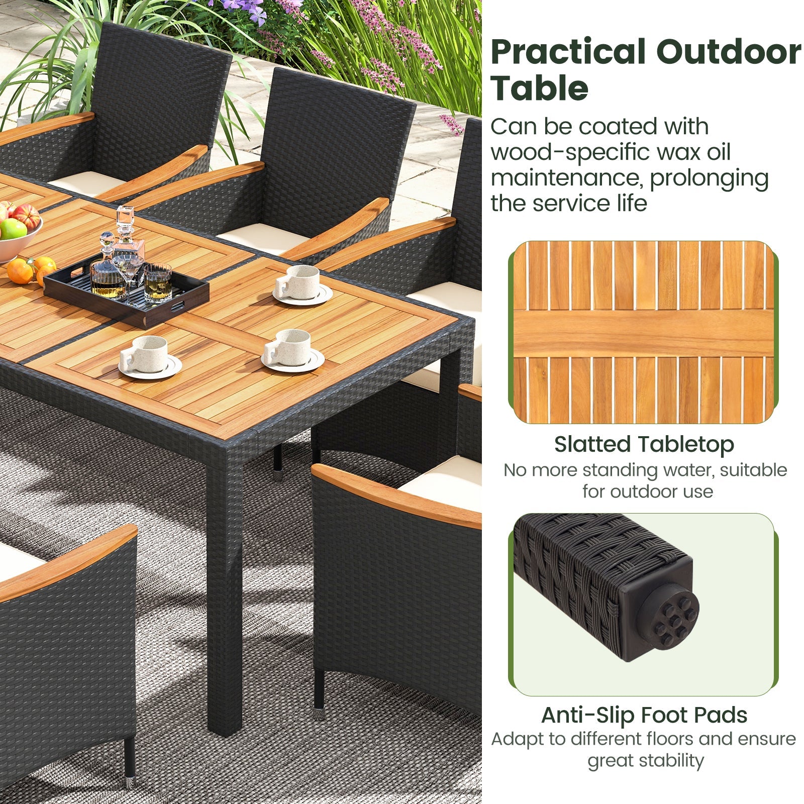 9-Piece Outdoor Dining Set with Acacia Wood Tabletop & PE Rattan