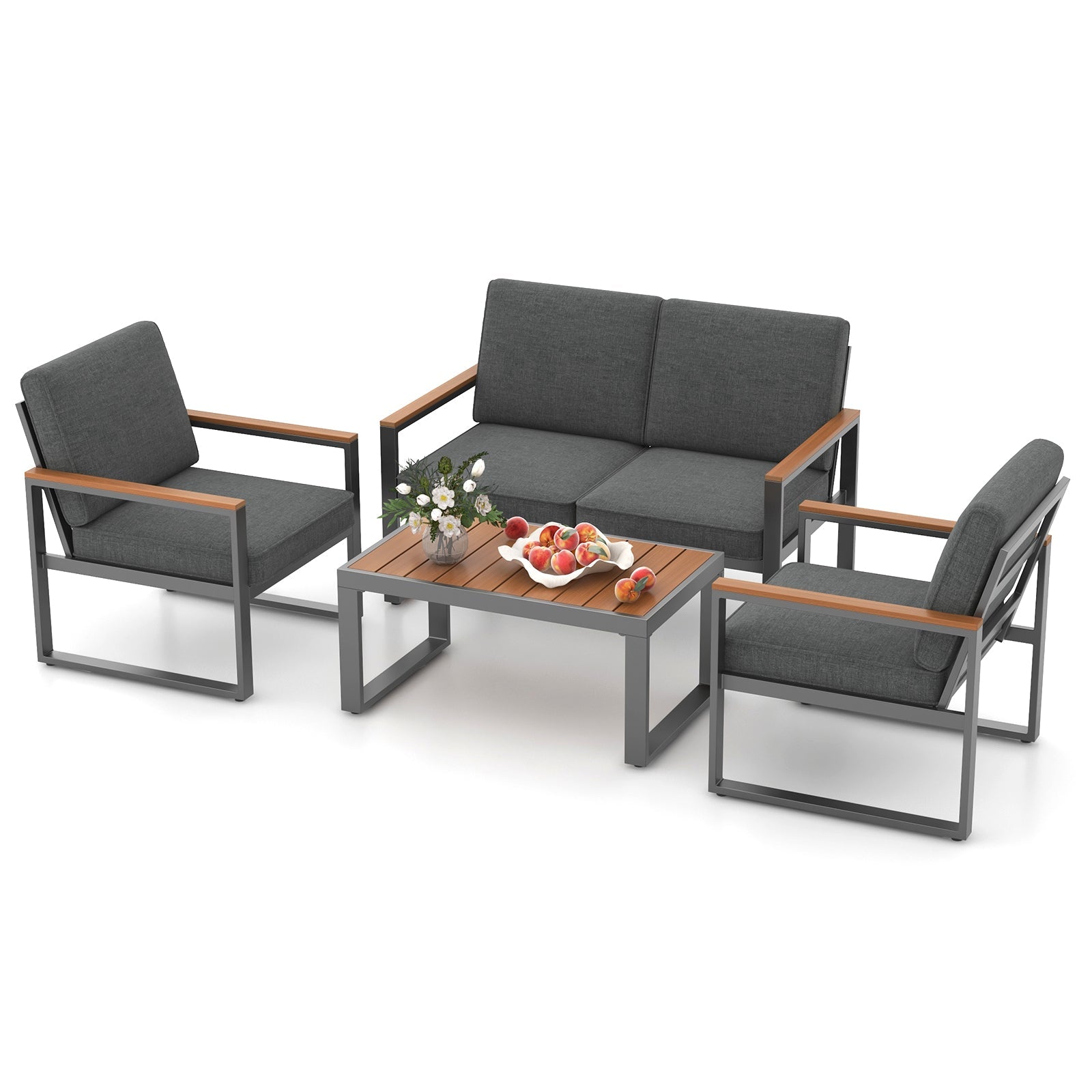 4-Piece Patio Aluminum Furniture Set with Armrests and Tabletop — Gray