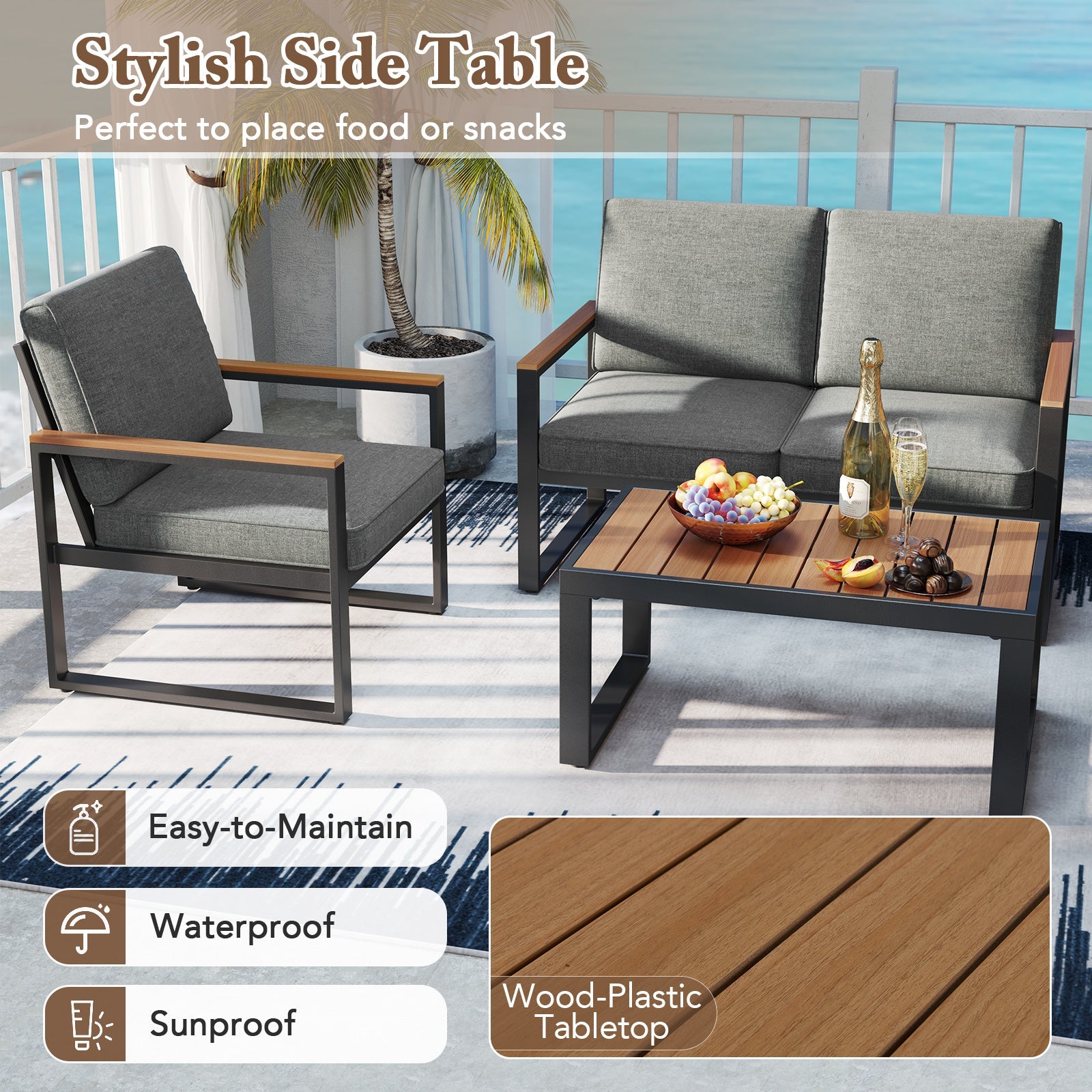 4-Piece Patio Aluminum Furniture Set with Armrests and Tabletop — Gray