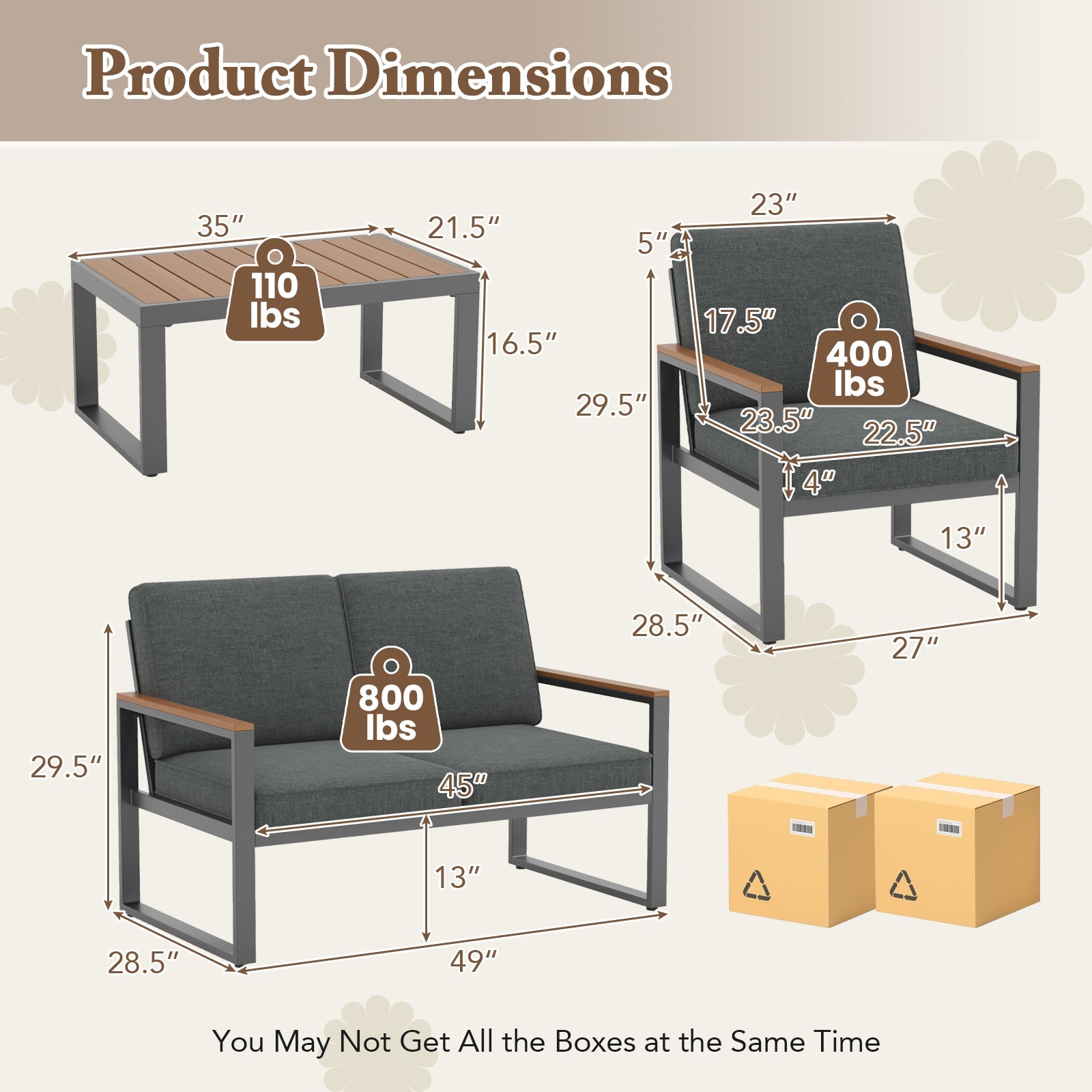 4-Piece Patio Aluminum Furniture Set with Armrests and Tabletop — Gray