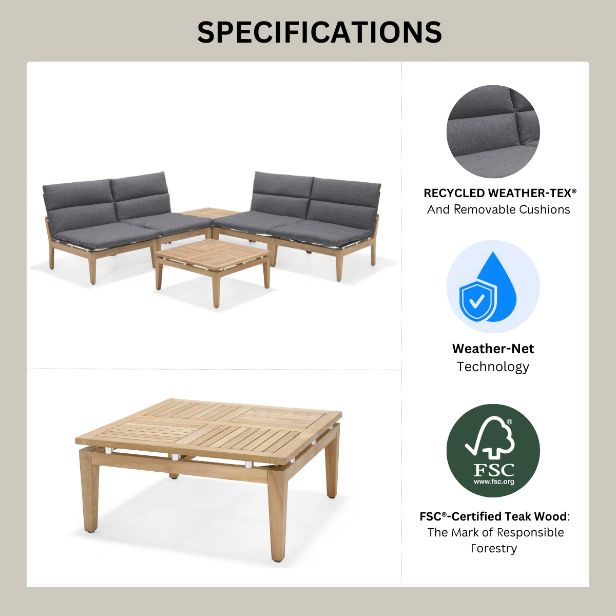 Arno 6-Piece Modular Corner Set – FSC Teak & Dark Olefin Cushions by LifestyleGarden