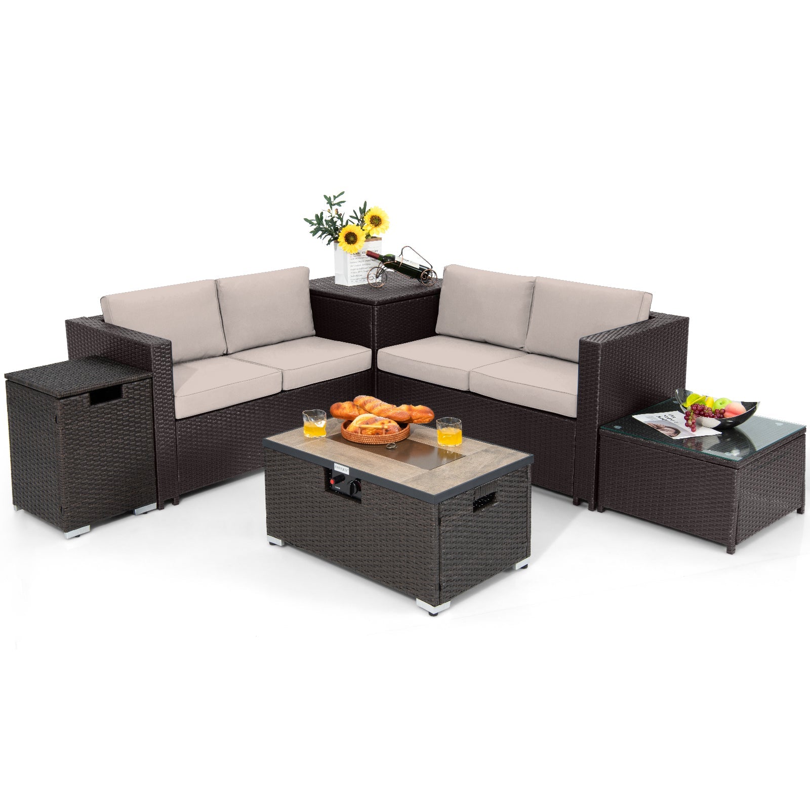 6 Pieces Outdoor Wicker Furniture Set with 32 Inch Propane Fire Pit Table