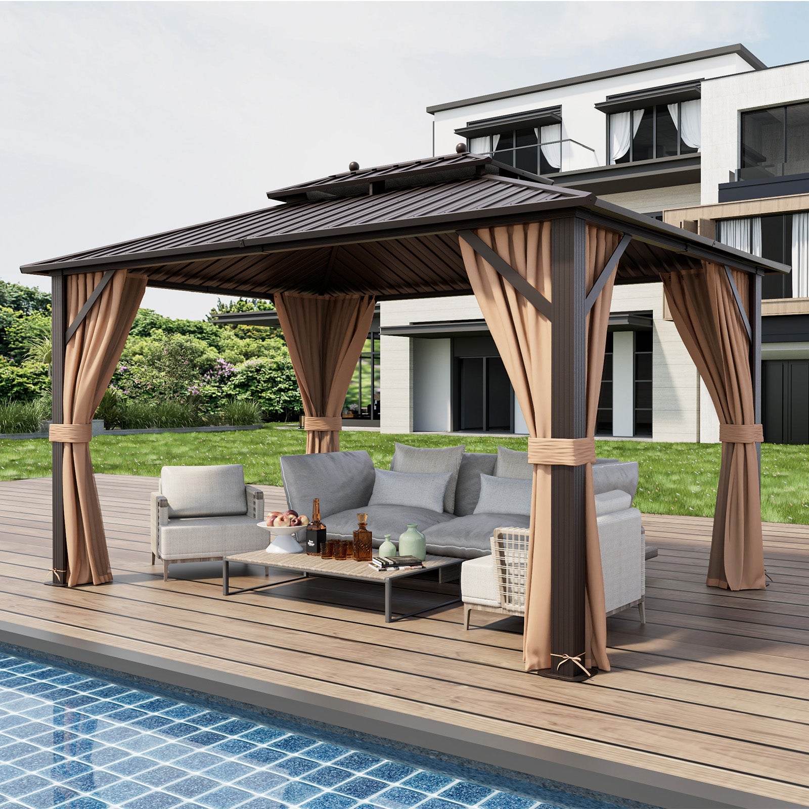 Double-Roof Patio Hardtop Gazebo with Galvanized Steel Roof Netting and Curtains-Coffee 10'x13'