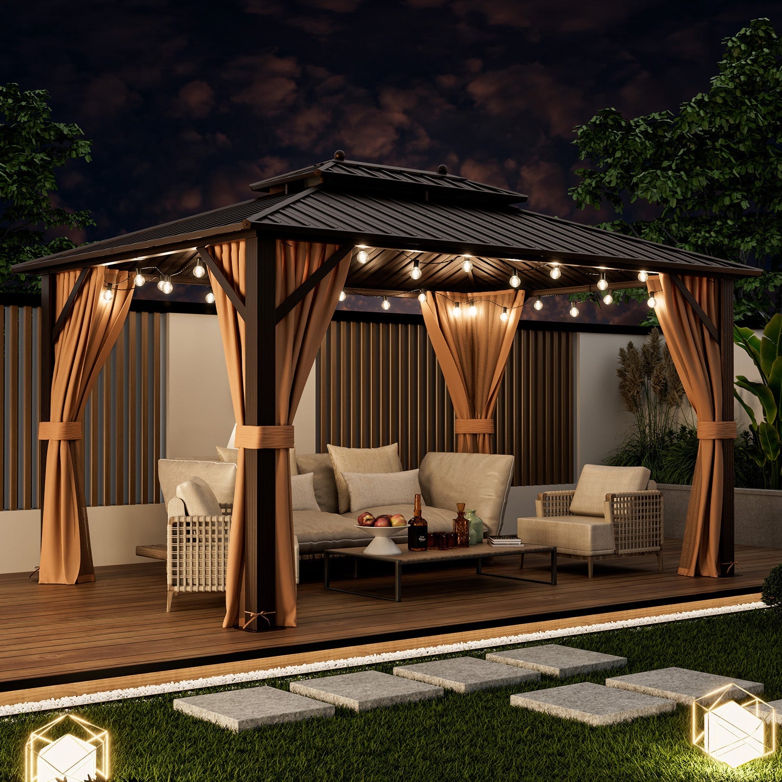 Double-Roof Patio Hardtop Gazebo with Galvanized Steel Roof Netting and Curtains-Coffee 10'x13'