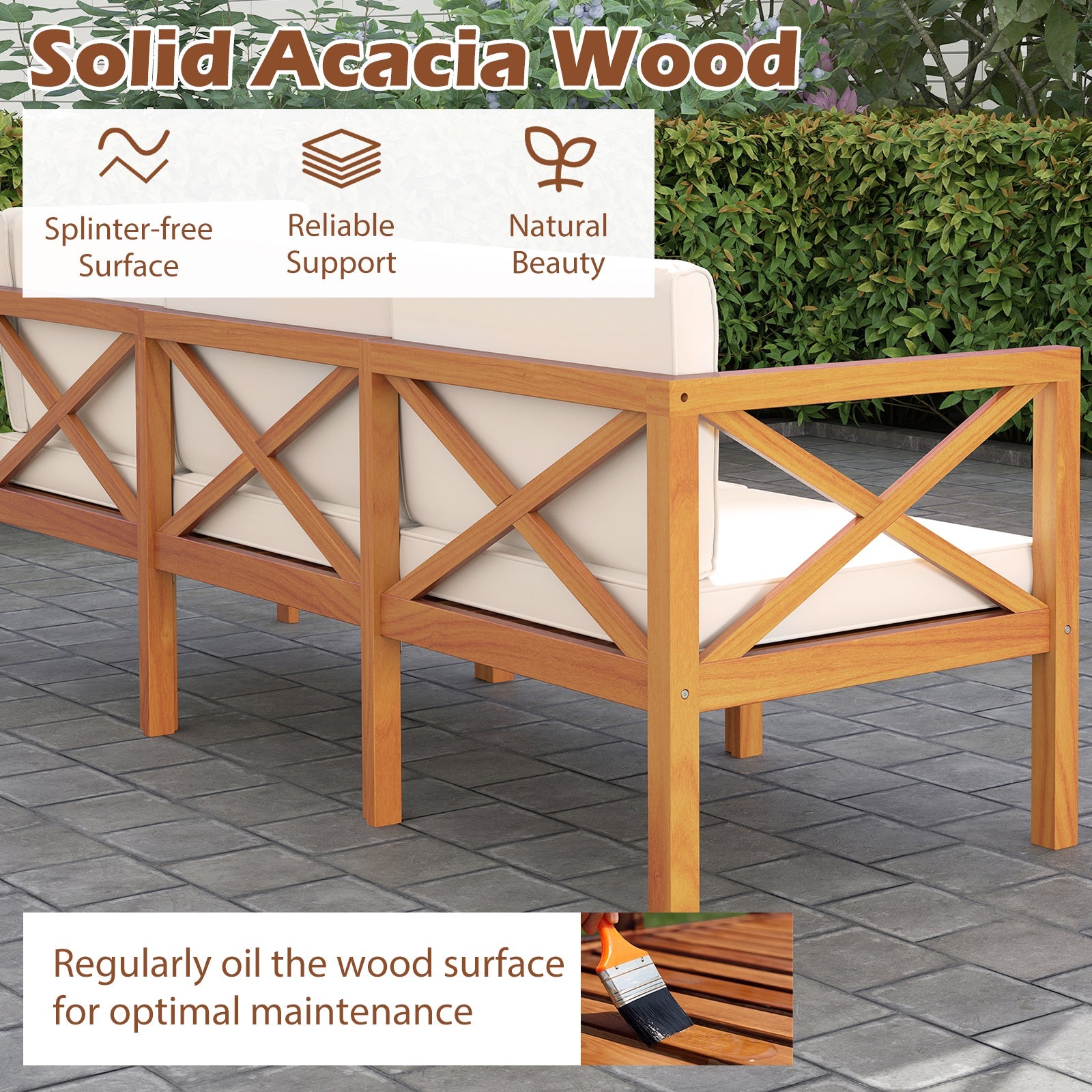 Outdoor 6 Pieces Acacia Wood Patio Sectional Furniture Set-Off White