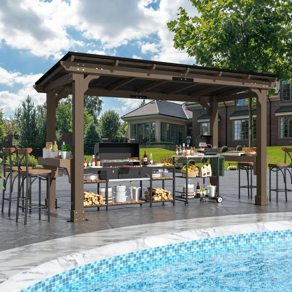 DUOFU Wood Grill Gazebo With Metal Roof Outdoor Patio Canopy