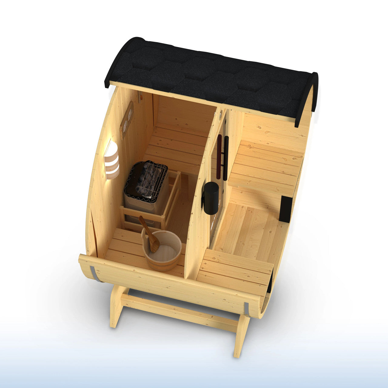 Celasia White Finland Pine Barrel Sauna with Front Porch Canopy - 2-4 Person