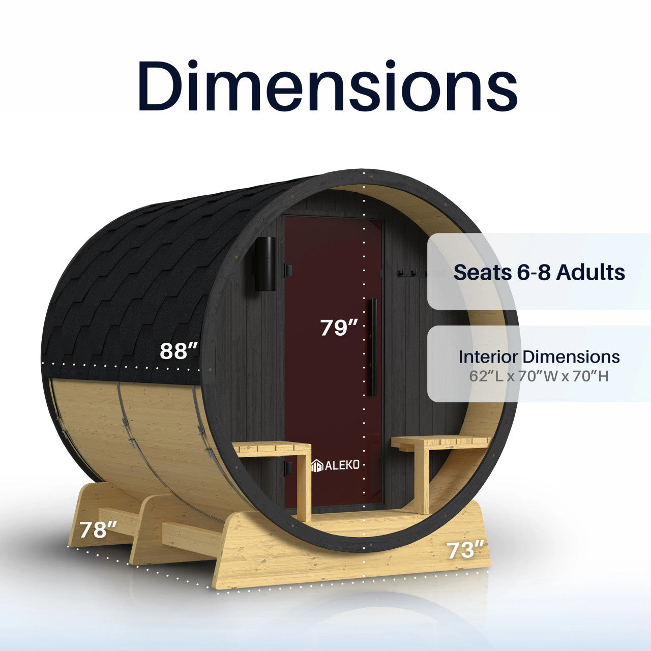 Anémona White Finland Pine Barrel Sauna with Front Porch Canopy & Black Accents – 6-8 People