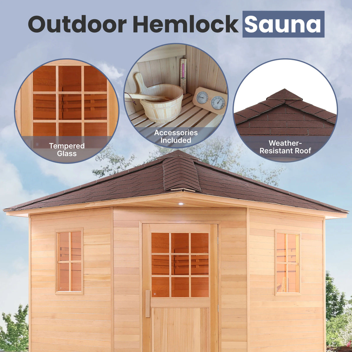 Canadian Hemlock Wet Dry Outdoor Sauna with Asphalt Roof - 8 kW UL Certified Heater - 8 Person
