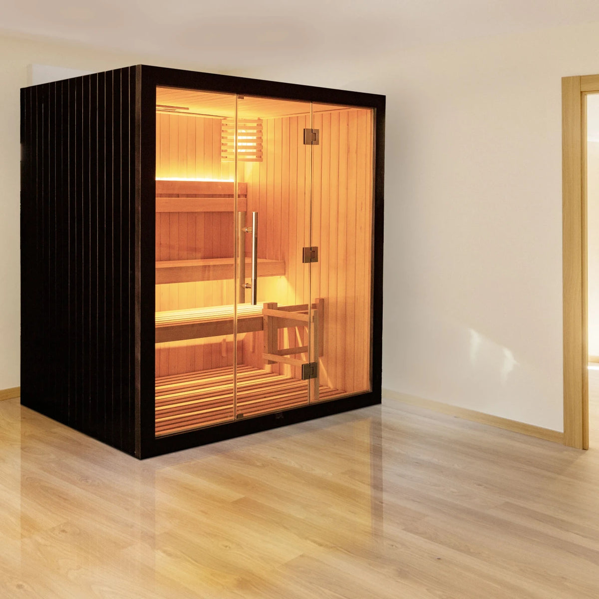 Canadian Hemlock Traditional Indoor Sauna-4.5kW UL Certified Electric Harvia Heater - Black Finish - 4 Person (PreOrder)