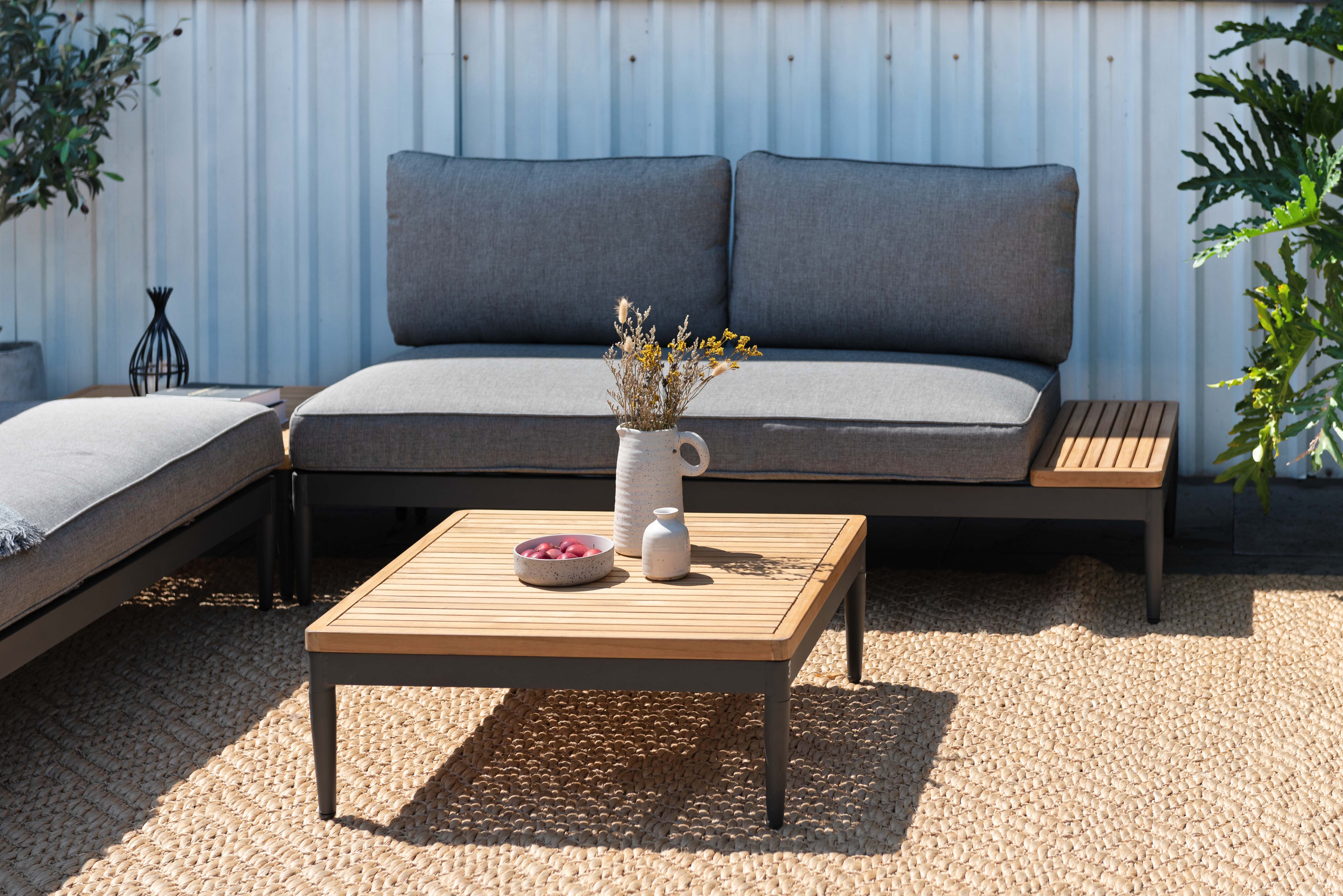 Topaz 2-Seater Outdoor Sofa with Teak Side Table – Dark Grey Aluminium & Olefin Fabric