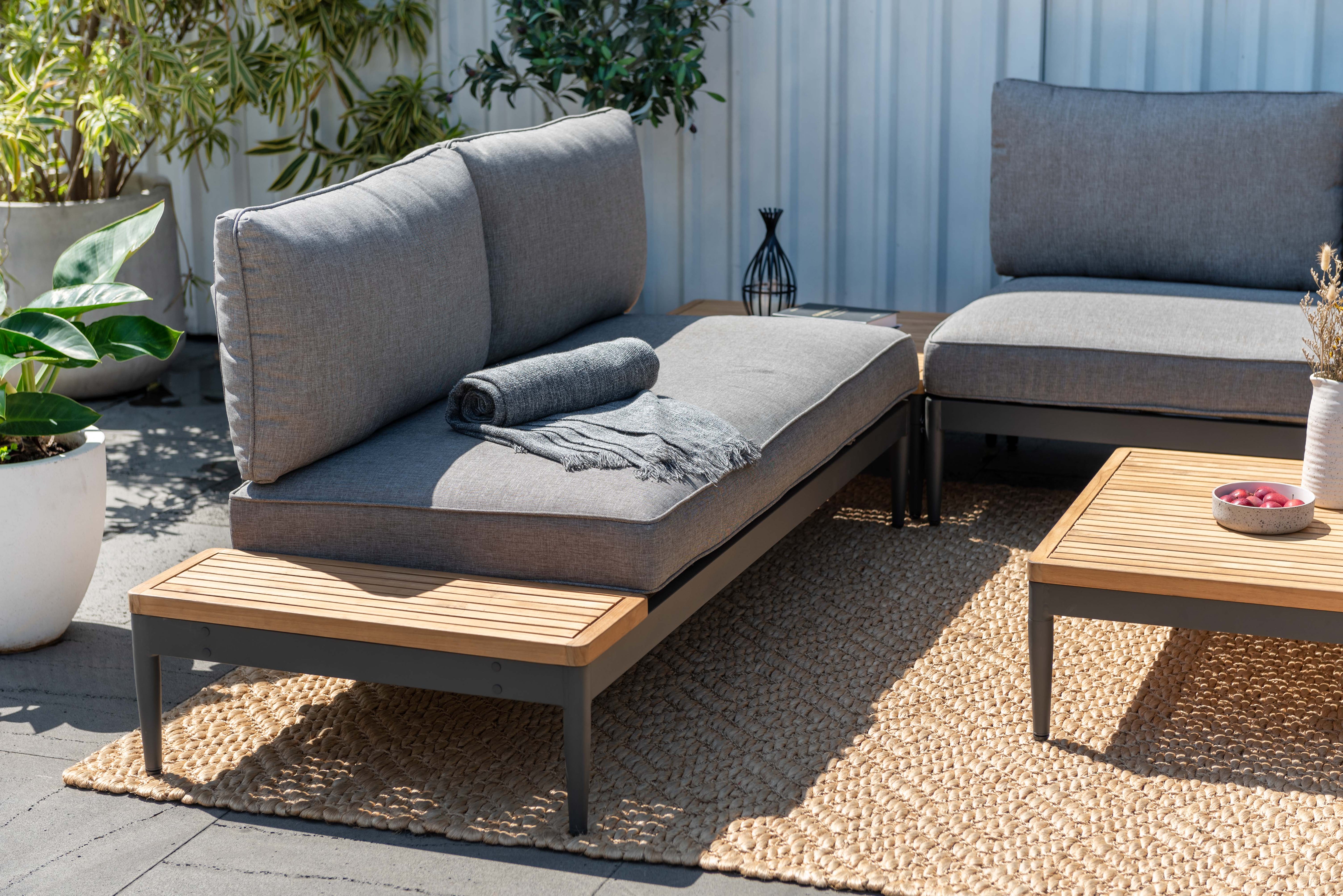 Topaz 2-Seater Outdoor Sofa with Teak Side Table – Dark Grey Aluminium & Olefin Fabric