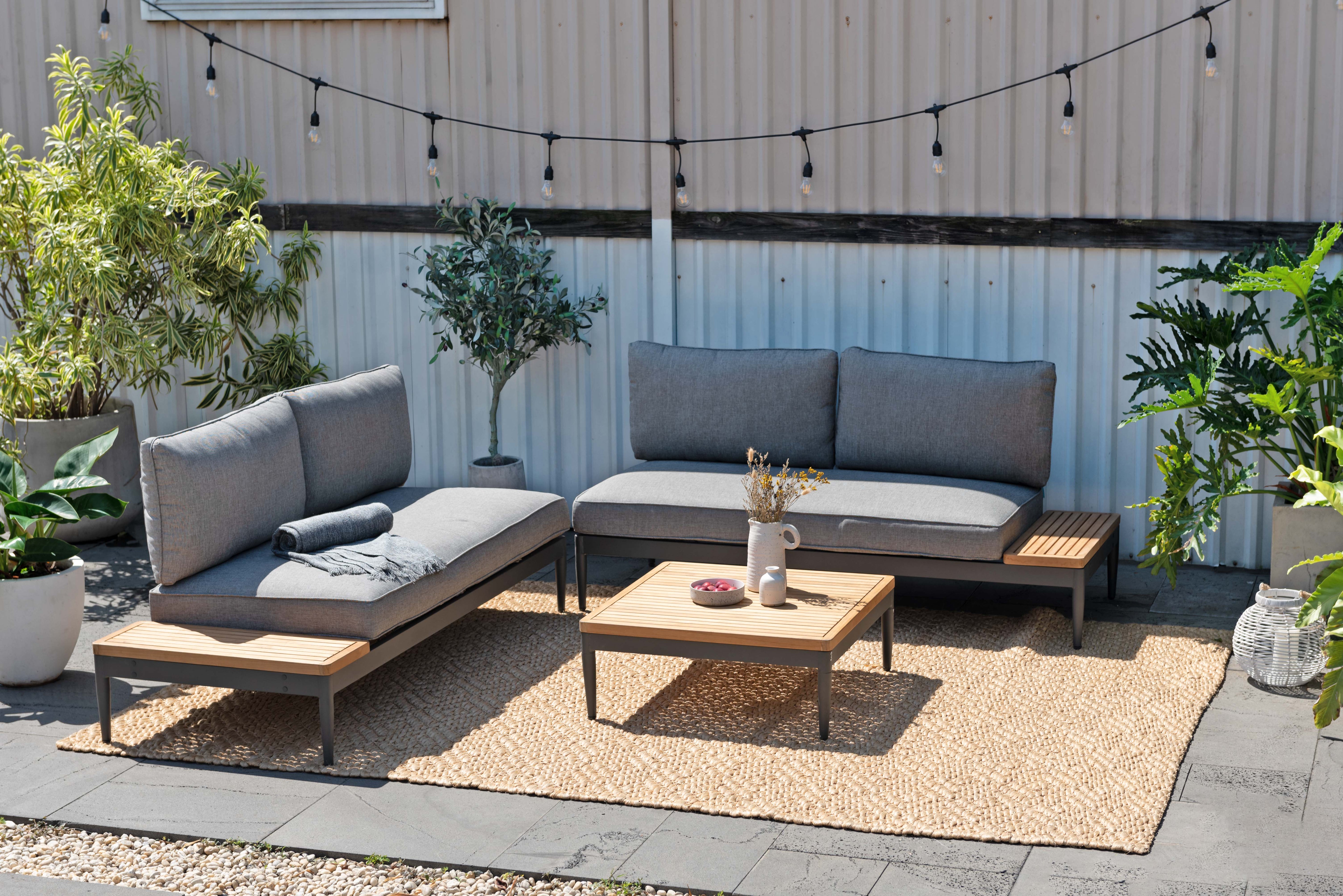 Topaz 2-Seater Outdoor Sofa with Teak Side Table – Dark Grey Aluminium & Olefin Fabric