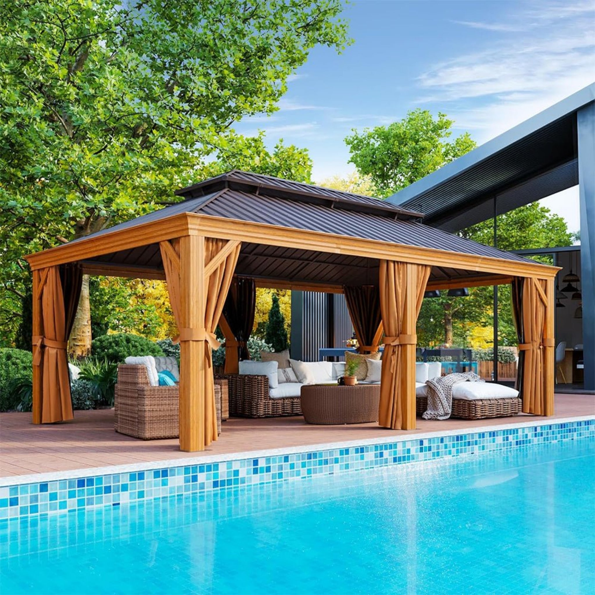 Alora Premium Large Aluminum Hardtop Gazebo With Netting, Privacy Curtains And Wood Grain Finish 12'x20' (SAK58374)