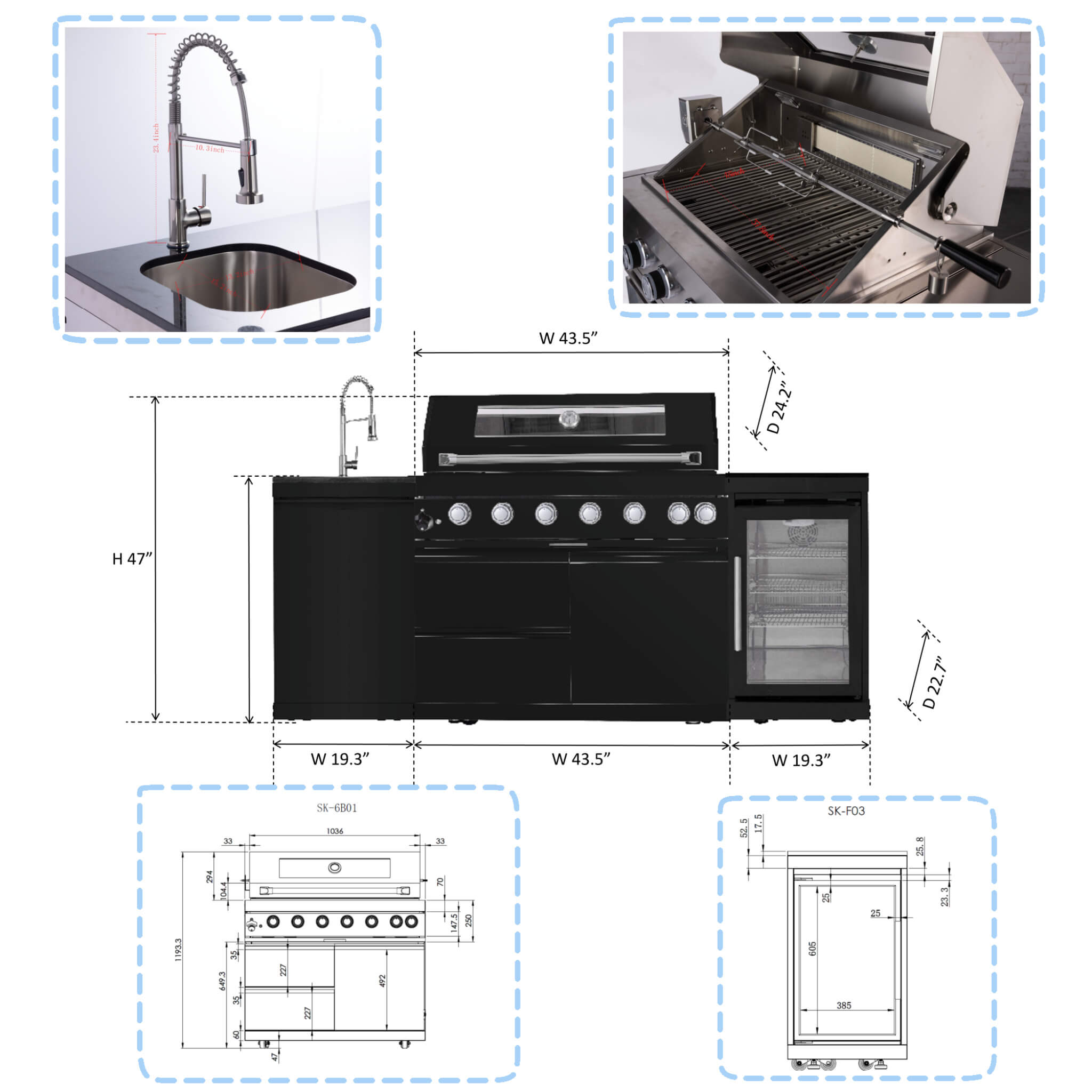 Castelle Flame Avalon 85K BTU Outdoor BBQ Liquid Propane Kitchen Grill Island With 43-Inch 6-Burner Grill, Wine Fridge, Rotisserie Kit, And Sink (SAK23864)