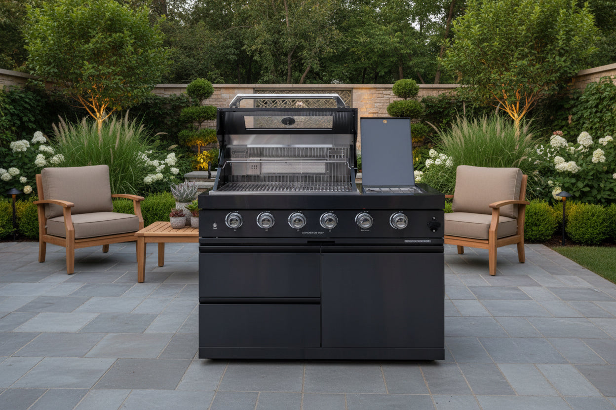 Castelle Flame Premium Black Stainless Steel 4-Burner Liquid Propane Kitchen Grill Island With Rotisserie Kit (SAK48157)