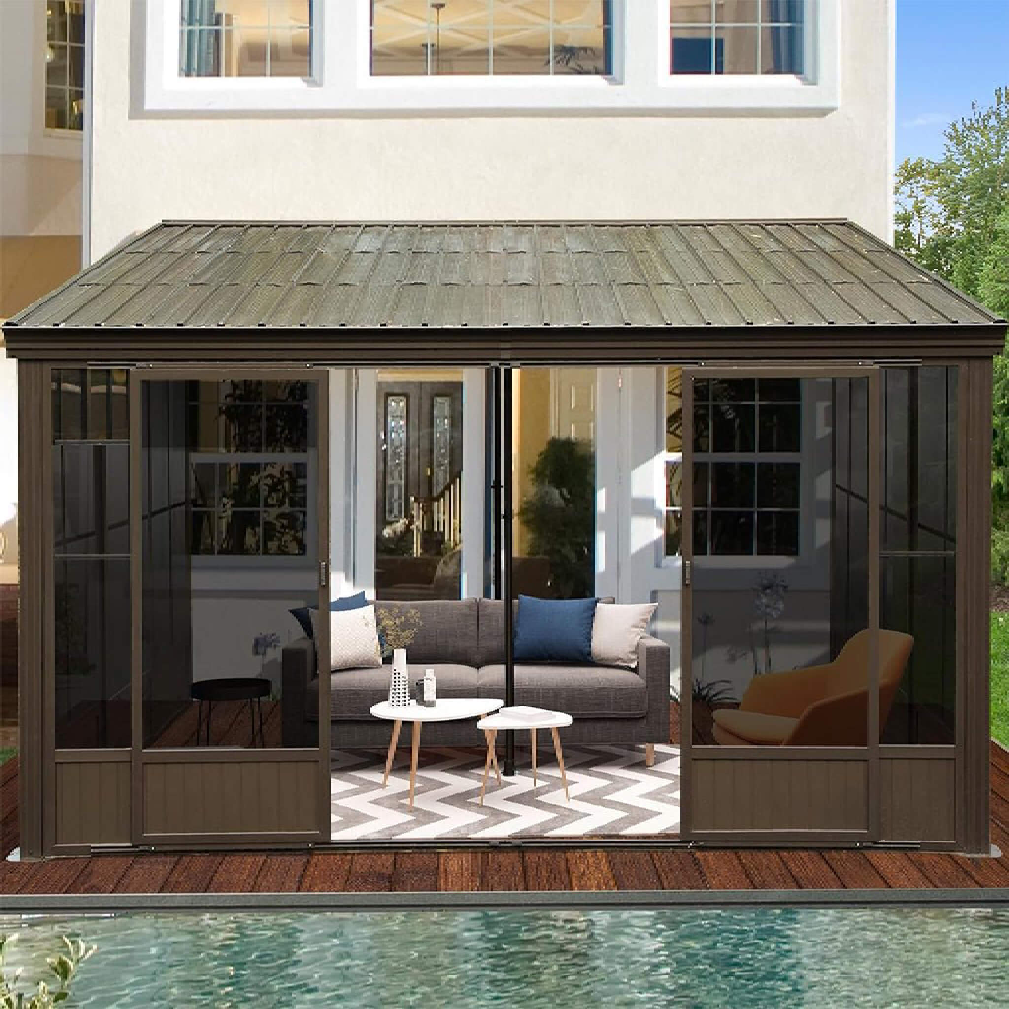 Alora Haven Large Outdoor All-Season Wall-Mounted Sunroom With Galvanized Steel Roof & Moveable PVC Screen 12'x14' (SAK46475)